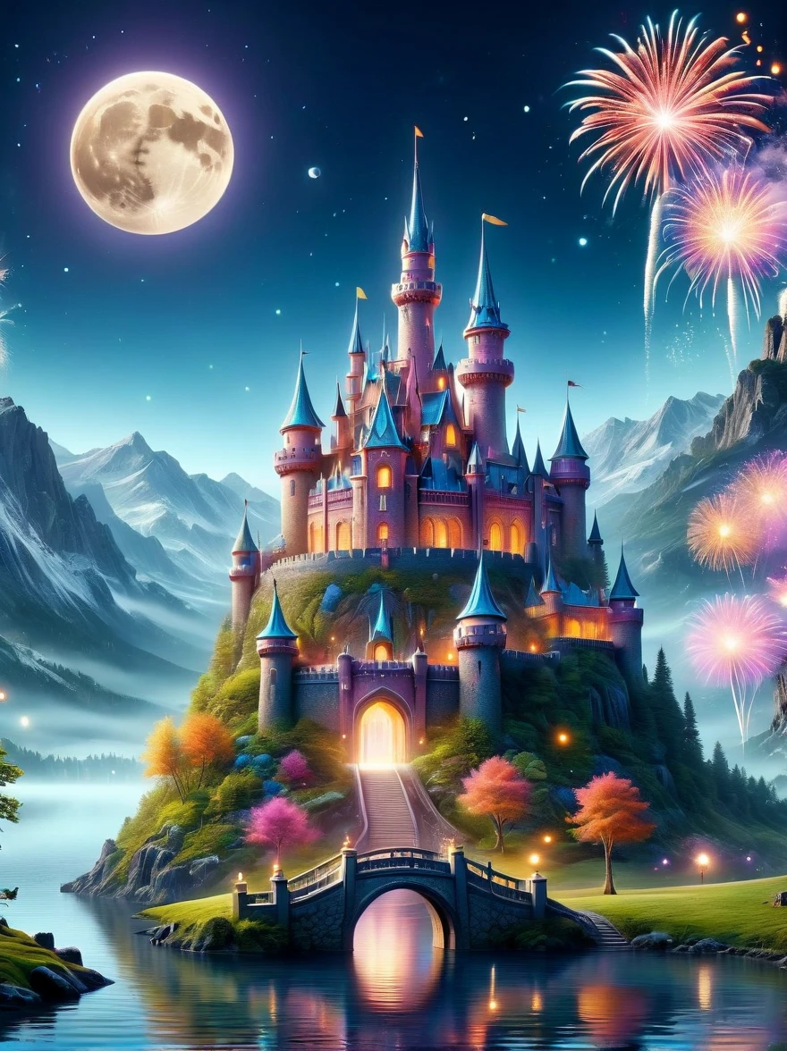 (A mysterious dream castle:1.5), night，(moon:1.5)，(Bubbles)，(fireworks:1.5)，Dreams，(Psychedelic)，(Neon light)，In dreams，A hidden lake，Bright colors，A Glowing Feast，Add a unique character emitting the ethereal aura of a fantasy creature by the water。Wide angle lens，Make it panoramic，Showcasing stunning castle woodland scenery，This magical scene is full of the essence of the fantasy world, Fine fractal，smooth，vivid，Color ink，sketch，Shiny silhouette