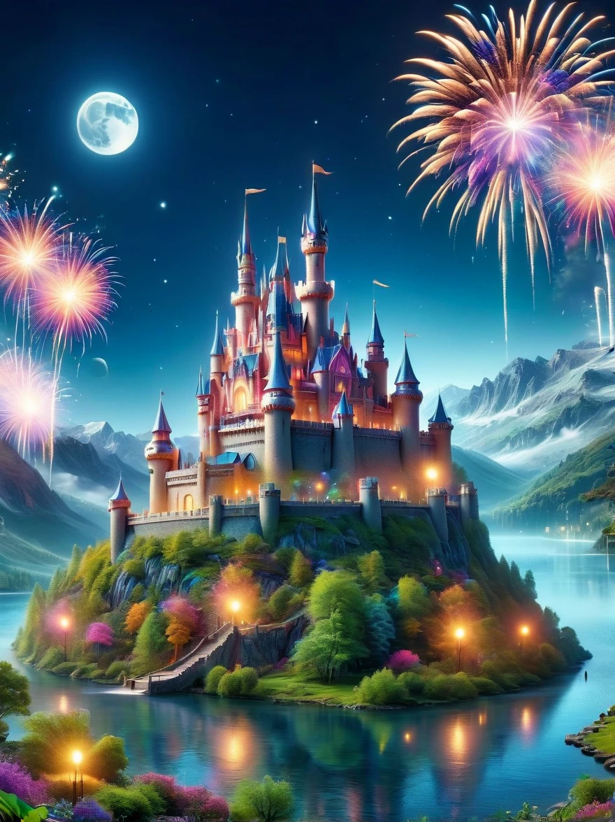 (A mysterious dream castle:1.5), night，(moon:1.5)，(Bubbles)，(fireworks:1.5)，Dreams，(Psychedelic)，(Neon light)，In dreams，A hidden lake，Bright colors，A Glowing Feast，Add a unique character emitting the ethereal aura of a fantasy creature by the water。Wide angle lens，Make it panoramic，Showcasing stunning castle woodland scenery，This magical scene is full of the essence of the fantasy world, Fine fractal，smooth，vivid，Color ink，sketch，Shiny silhouette