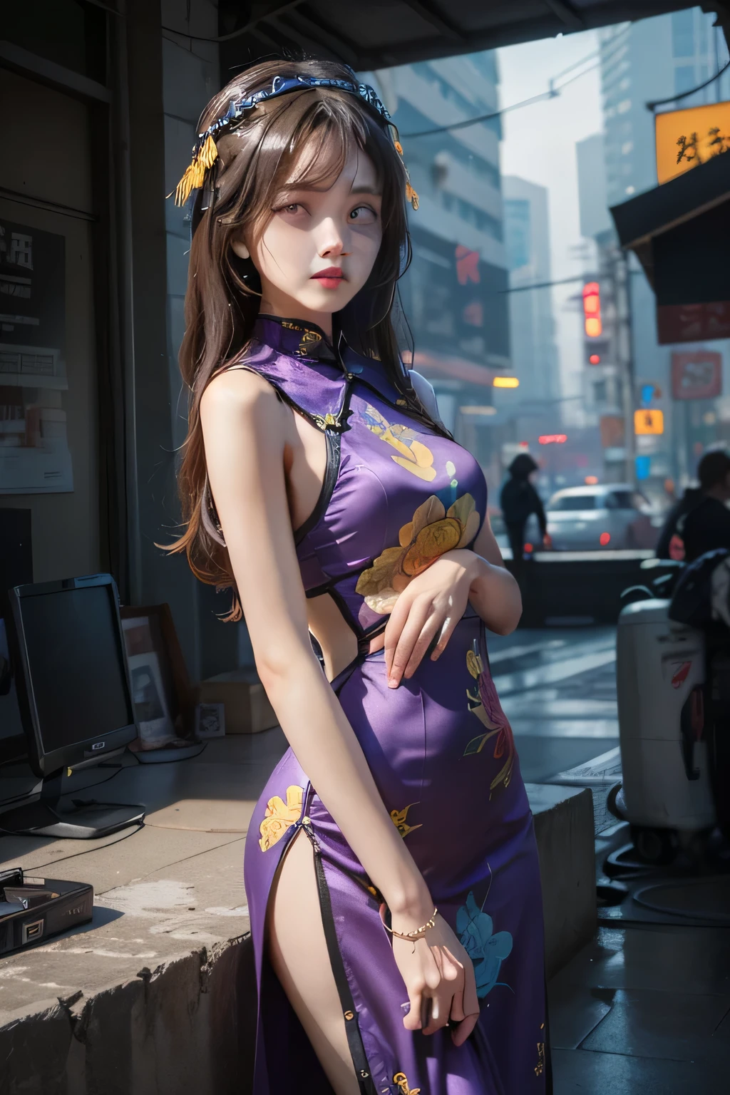 (Masterpiece: 1.2), Top Quality, (Illustration: 1.2), Eye Focus, (Cleverly crafted glow: 1.3), (Ultra detail), Hyper Detail, (Delicate Detail), (Intricate Detail), (Cinematic Light, Top Quality Backlight), Clear Lines, purple and yellow Girl, chinese_clothes, Cyberpank, Cheongsam, Cyberpunk City, dynamic pose, headdress, hair ornament, very long hair, high-tech city, machine and futuristic elements, futurism, technology