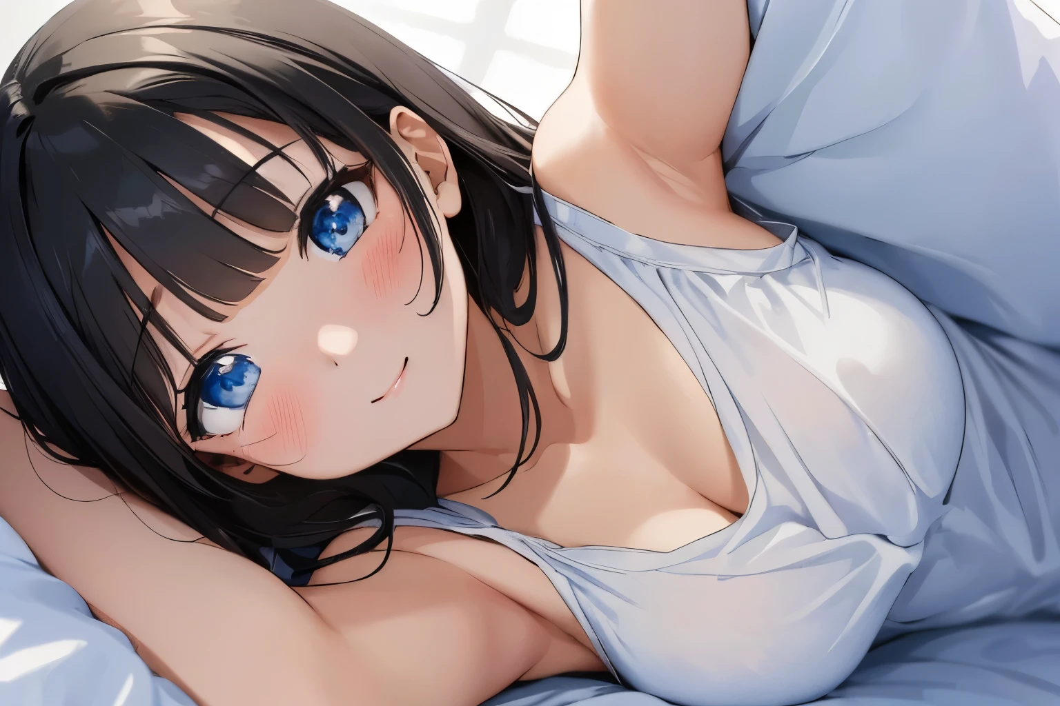Masterpiece、highest quality、1 female、Super detailed Black Hair、bangs Blue Eyes、Detailed depiction of the eyes Smiling、blush Tank top Face is close、Facial Close-up、Bring your face closer Sheetsに横になる、Spread your shoulders、Put your arms out here、Pose asking for a hug Sheets