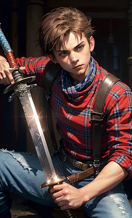 ((Holding a blue ancient sword with a brown handle)) Is A boy with spikes brown hair, dark-blue eyes with layers of red. Wearing a white scarf around his neck. Orange and plus plaid shirt with red suspenders attached to long puffy black jeans. And red boots with white tips