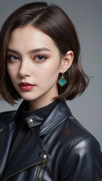 Woman, intense gaze, smoky eyes, subtle smile, lipstick matte, edgy hairstyle, leather jacket, statement jewelry, makeup defining features, strong portrait expressions, detailed outfit, attitude captured, fierce femininity portrayed, modern style emphasis.