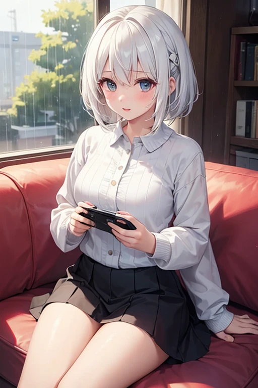 1girl,solo,cute,white hair and medium hair,she plays video game,sitting a sofa,in house,outside rainy