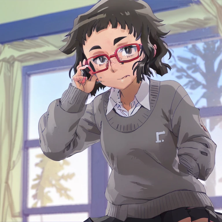 1 girl, glasses, school sweater, skirt