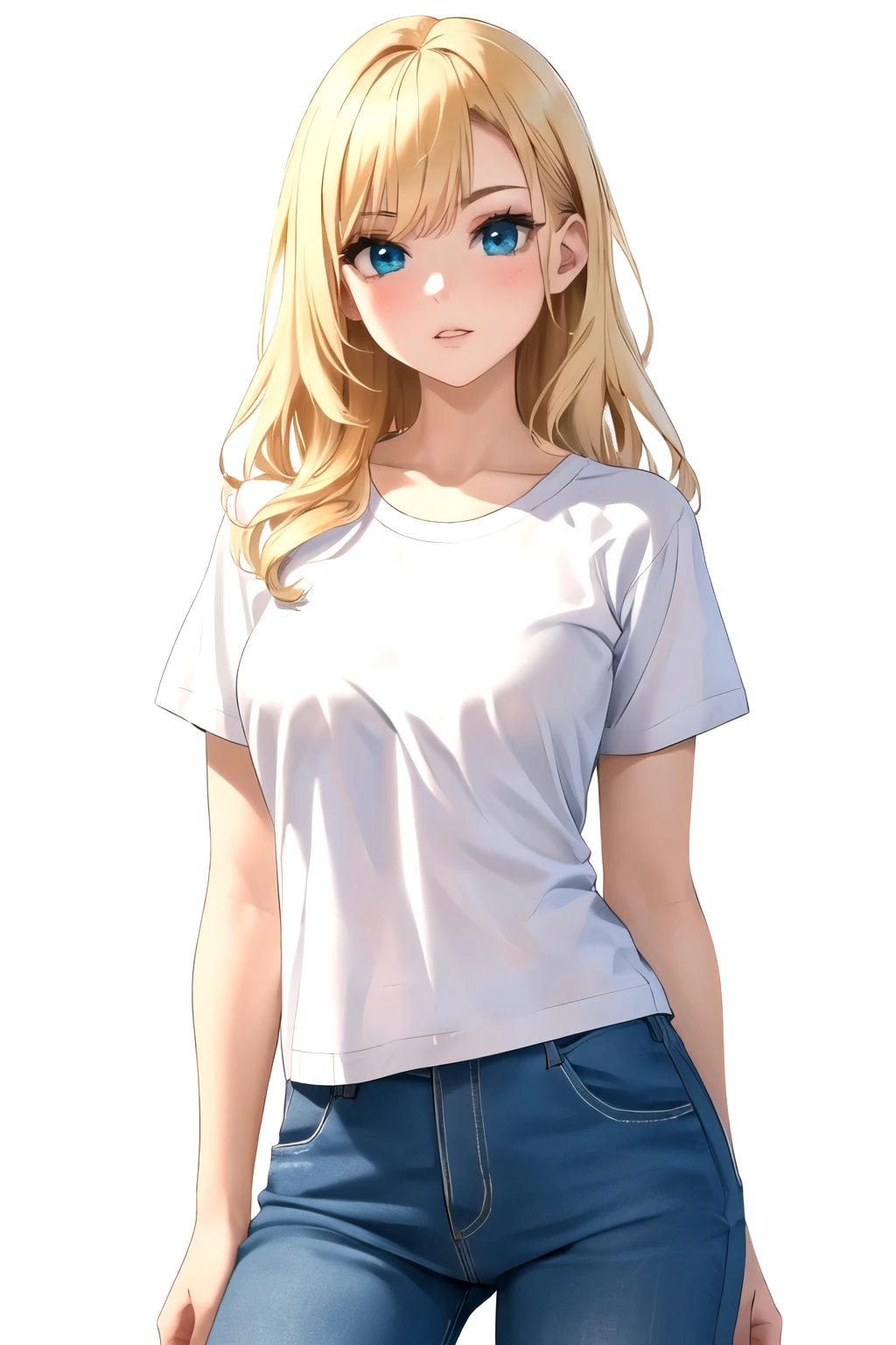 1 girl,blonde girl,cowboy shot,white t shirt,white background