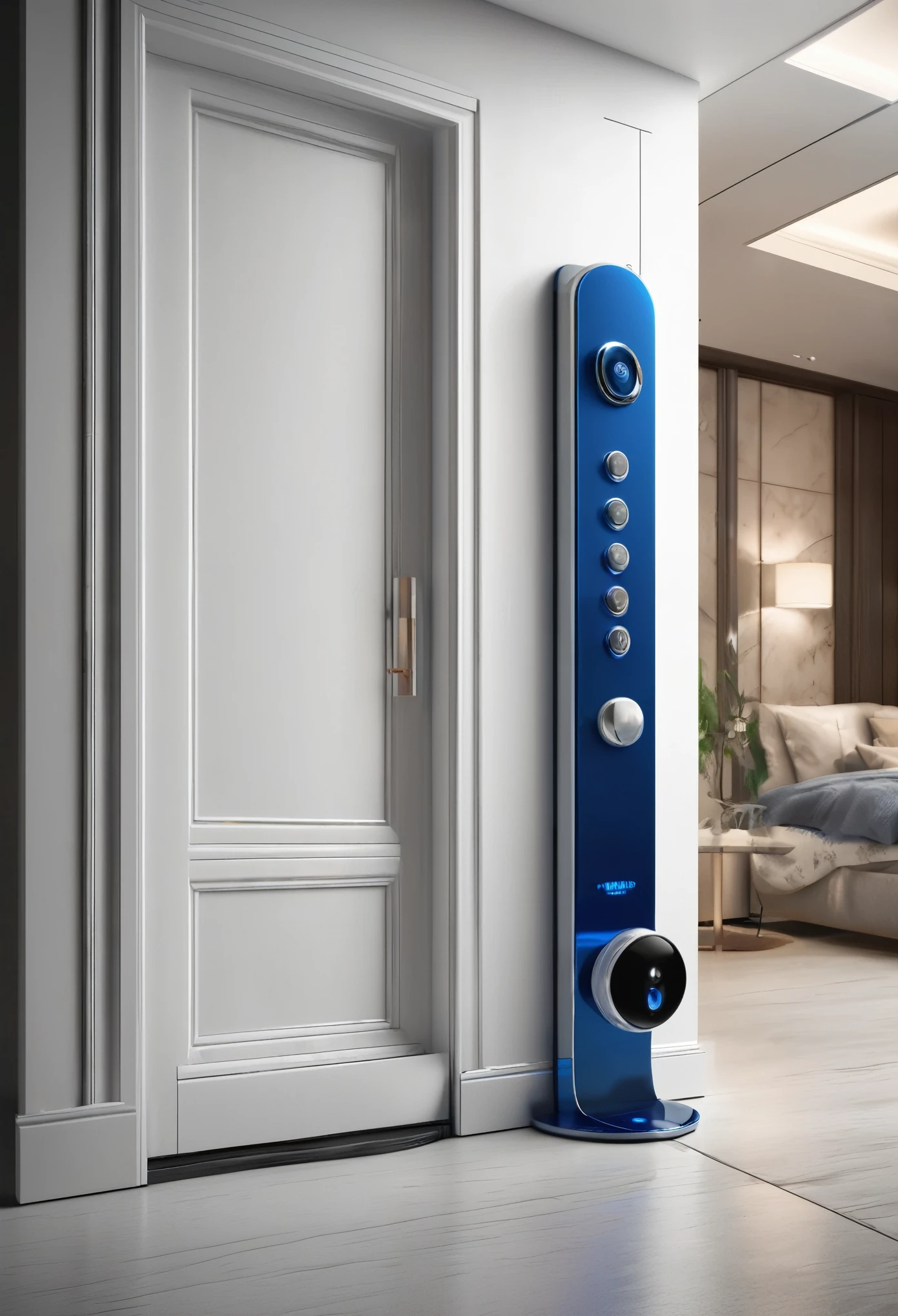Intelligent,Creative doorbell,Can put keys,Hang clothes,Technology,White as the base,Blue as auxiliary color,In Bed 8K,Ultra-clear realism,Highly detailed beauty,High-resolution rendering, Rendering in key shots, Depicted as 3D rendering, Concept Art, Concept Rendering, Large equipment design, 3D Rendering n - 9, Future product shoot(best quality)), ((masterpiece)), (detailed) masterpiece, Higher quality, High Detail, Ultra-high resolution,,8k futurism,