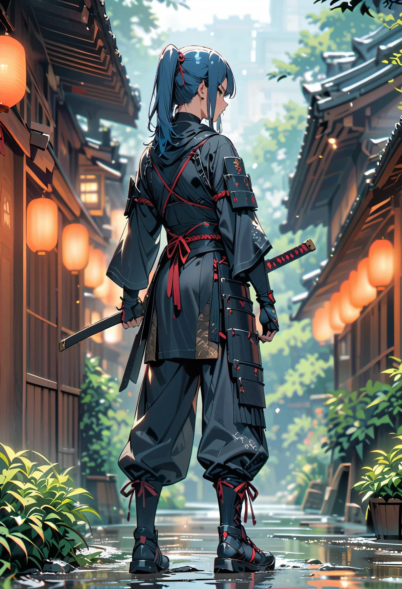 best quality, masterpiece, highres, 1girl, female ninja, blue hair, medium hair, ponytail, green eyes, tight black bodysuit, armored, holding katana, full body shot, solo