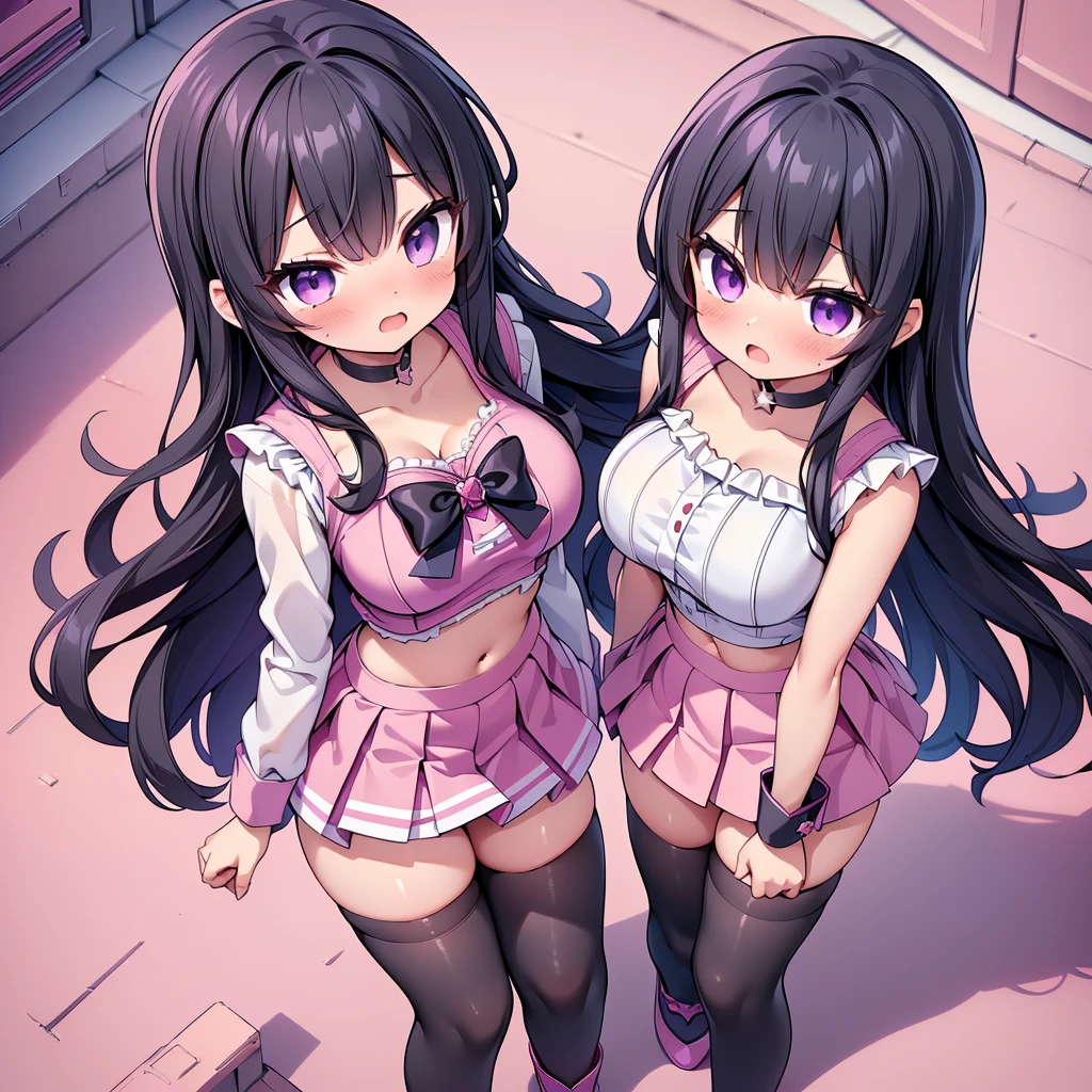 (8K、Best image quality、highest quality、masterpiece)、Detailed face、(2 girls, Black Hair, Purple Eyes, long hair)、Improve、 (magical pink girl outfit,frill mini skirt:1.2), (skinny body:1.2), (huge breasts:1.2), (cleavage cutout:1.1), (crop top navel), (open mouth), (embarrassed), Classroom Background, (black stockings:1.2), (Thighs:1.2), (Waistline), (from above:2)