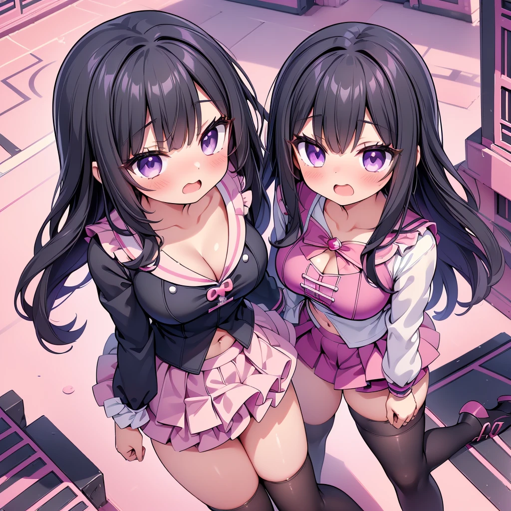 (8K、Best image quality、highest quality、masterpiece)、Detailed face、(2 girls, Black Hair, Purple Eyes, long hair)、Improve、 (magical pink girl outfit,frill mini skirt:1.2), (skinny body:1.2), (huge breasts:1.2), (cleavage cutout:1.1), (crop top navel), (open mouth), (embarrassed), Classroom Background, (black stockings:1.2), (Thighs:1.2), (Waistline), (from above:2)