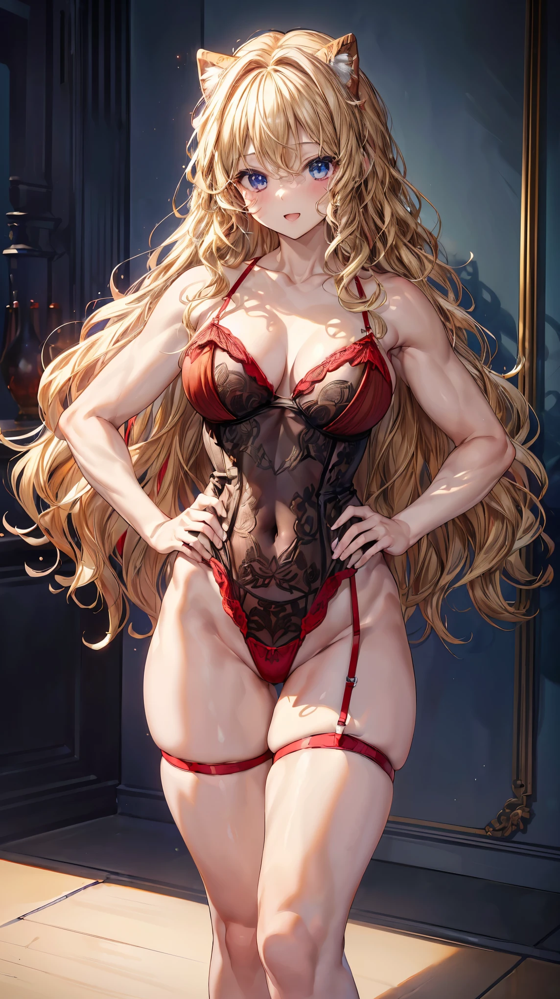 (Adult women:1.5)、Very detailed、highest quality、Best image quality、masterpiece、8k、Anime Face、A kind smile、(Open your mouth:1.3)、Sparkling blue eyes、(Blonde Wavy Hair:1.5)、、Muscles of the whole body、(High leg:1.5)、Thigh belt、(Wearing red lingerie:1.5)、(Cowboy Shot:1.5)、SFW Giant、(Put your hands on your hips)