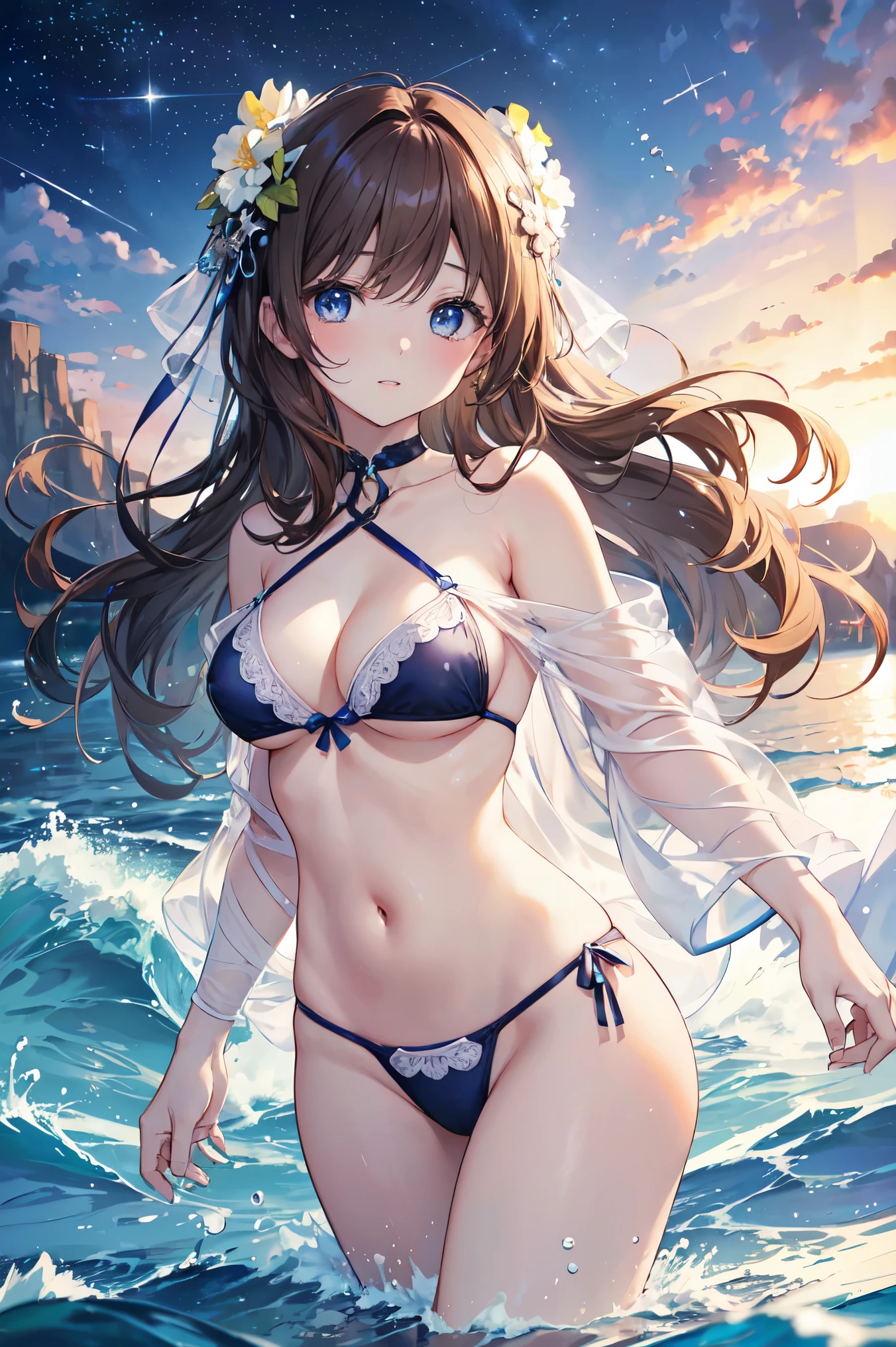 (((masterpiece、high resolution、high quality、Delicate、Ultra-high resolution、8k)))One female、Brown Hair、Curly Hair、Blue Eyes、Dense lips、Glowing Skin、Micro Bikini、BREAK,Ocean、Big Wave、beach、water droplets、night、Starry Sky、shooting star、Milky Way、Cosmos