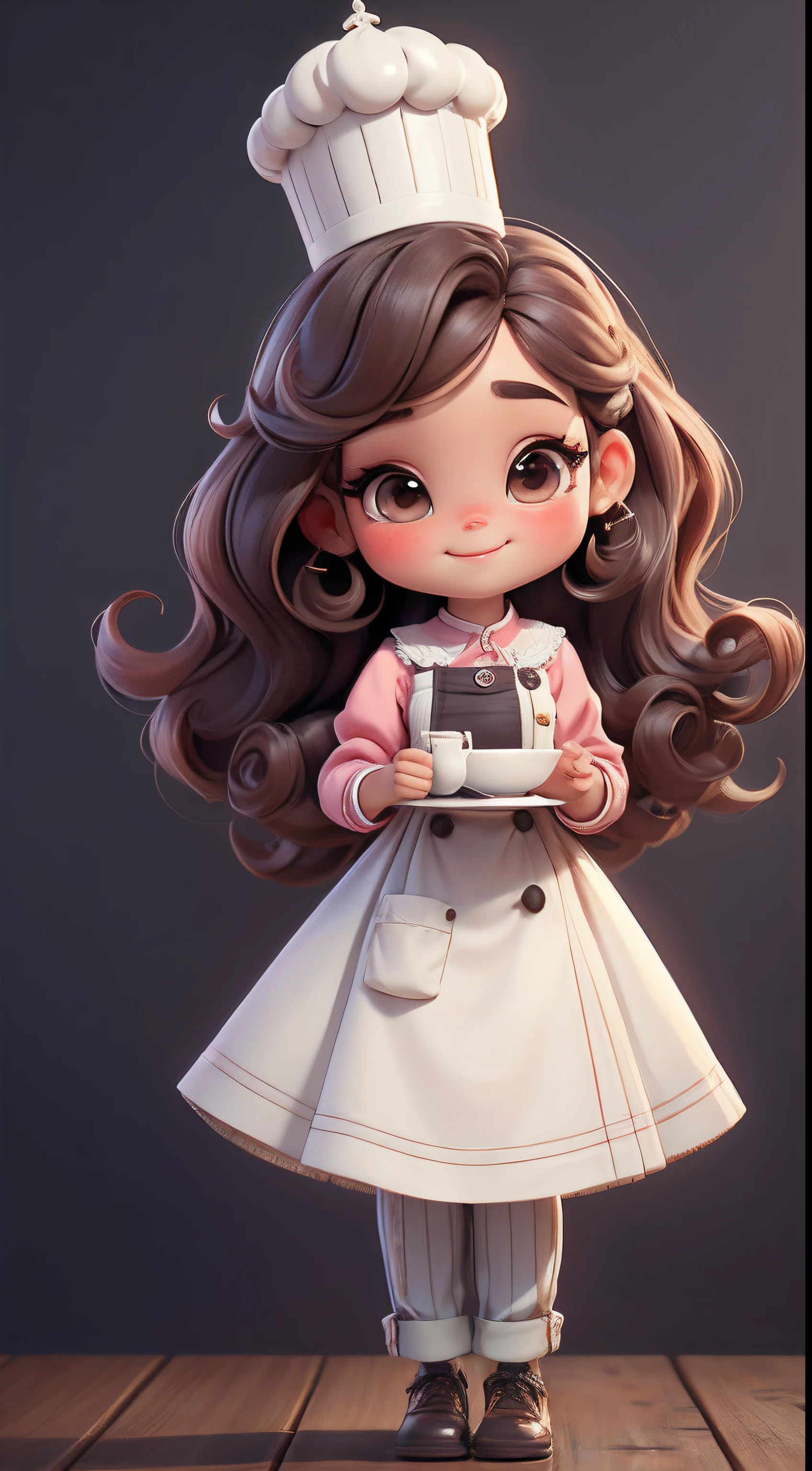 A cute pastry chef theme，Create a collection of adorable chibi style dolls, Each one is rich in details，Resolution reaches 8K. All dolls should follow the same solid background pattern，And complete in the image, show (whole body, Including legs: 1.5)

Boneka Mini Chef: Call her Marina. She must have short straight dark brown hair。. Your eyes should be large and expressive, long eyelashes and rosy cheeks. The smile is delicate and fair. Sophie must wear chef uniform, Striped pants and fancy chef hat. She must be holding a piece of Chocolate Commodore in her hand. Certifique-se de adicionar detalhes nas clothing, Such as buttons and pockets, Beautiful shoes must be shaded, Hair texture and details, clothing, Candy utensils, Make them more lovely and charming.