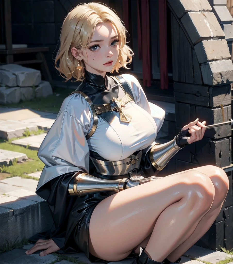 absurdres, RAW photo, extremely delicate and beautiful, masterpiece, Best Quality, ultra high resolution, 32k, hyperrealistic, ultra-detailed, 20 years old, detailed beautiful face, tearful mole, earring, very huge round breasts, short medium hair, wavy hair, wet clothes, full body shot, alone, blonde hair, gauntlets, Joan of Arc, surcoat, cross armor,