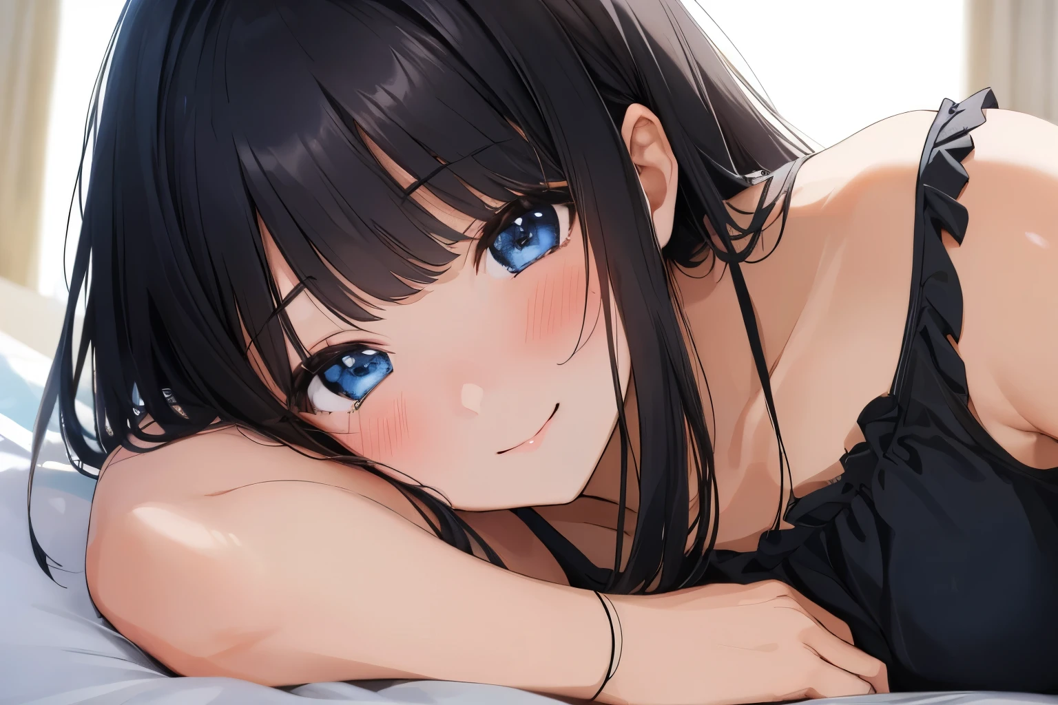 Masterpiece、highest quality、1 female、Super detailed Black Hair、bangs Blue Eyes、Detailed depiction of the eyes Smiling、blush Tank top Face is close、Facial Close-up、Bring your face closer Sheetsに横になる、Spread your shoulders、Put your hand here、Posing as if asking for a hug Sheets