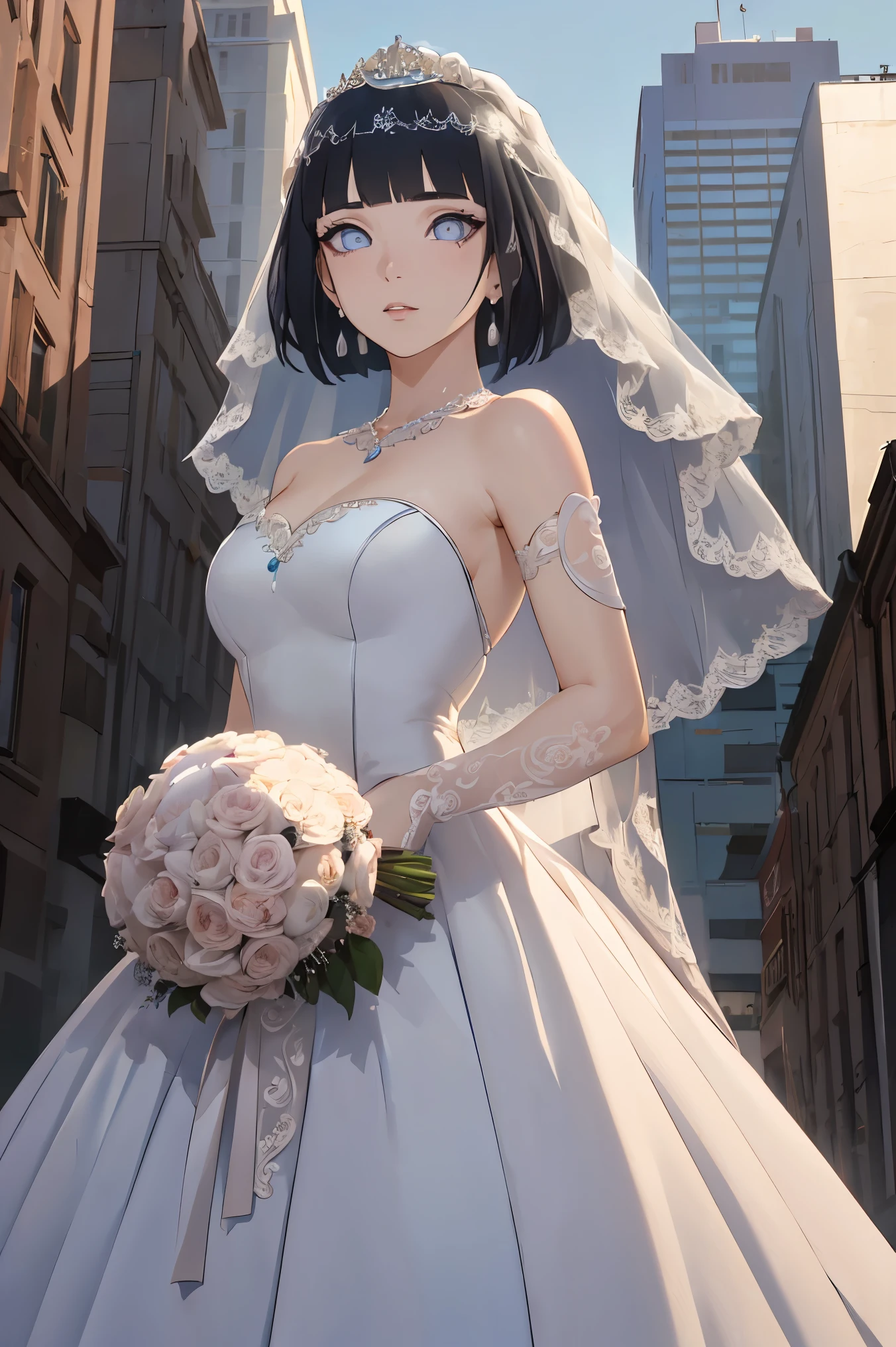 blunt bangs, dark blue hair, purple eyes,
BREAK ((WEDDING PRINCESS DRESS:1.5)) 
BREAK view from below, morning city, street,
BREAK (masterpiece:1.2), best quality, high resolution, unity 8k wallpaper, (illustration:0.8), (beautiful detailed eyes:1.6), extremely detailed face, perfect lighting, extremely detailed CG, (perfect hands, perfect anatomy),