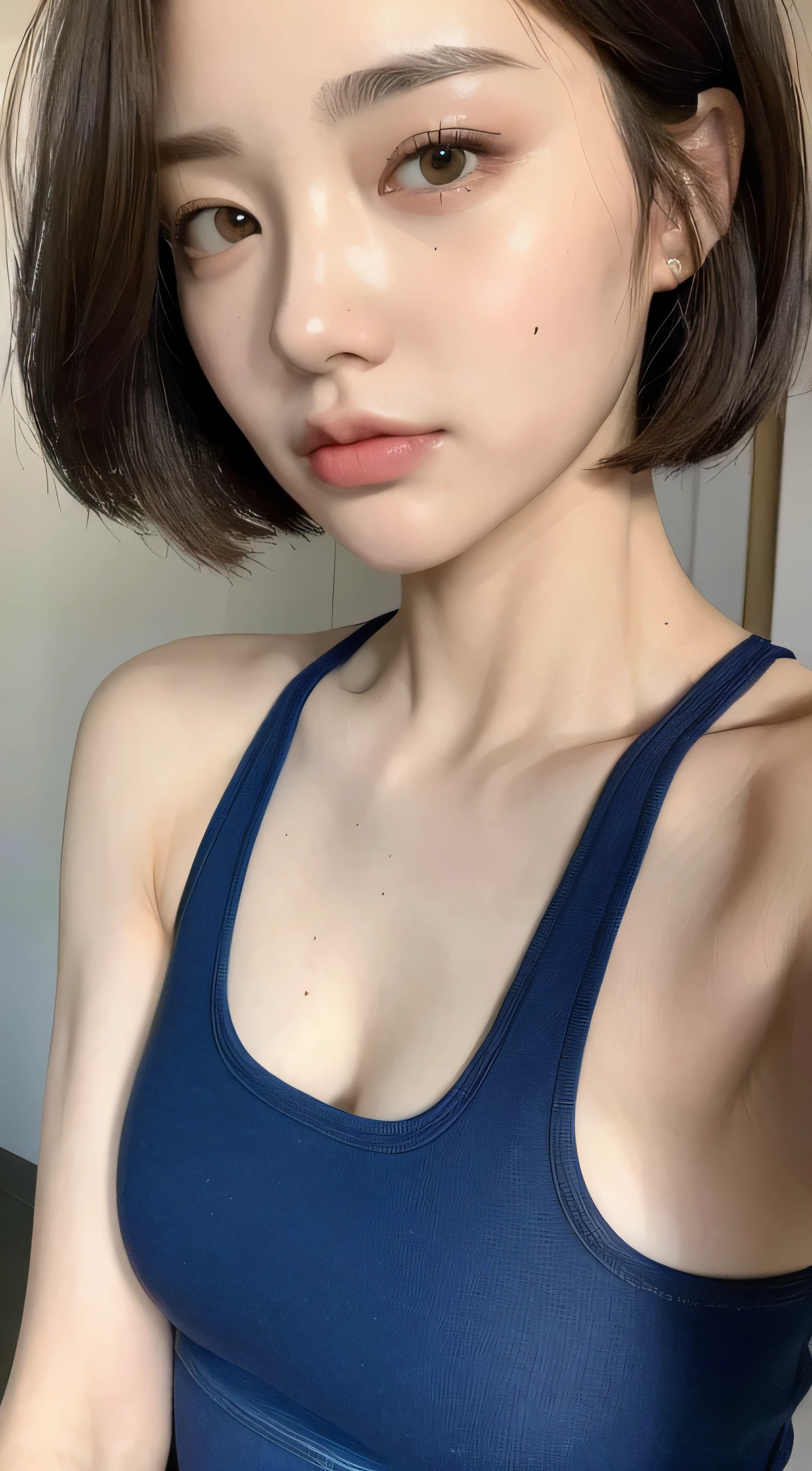 ((Best quality, 8k, Masterpiece :1.3)), 1girl, Pretty woman with emphasizing slender abs :1.3, (random hairstyles :1.2), Oversized tank top :1.2, Ultra-detailed face, Detailed eyes, Double eyelid, armpit