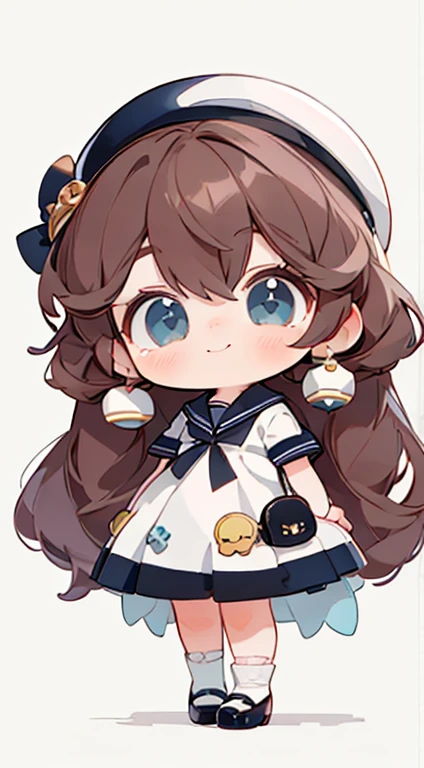 1 girl， Chibi T-shirt， Brown hair， Luxury Fabric，，deep， Looking at the audience， White Background、pretty girl、Cute expression、Luxury Dresses、Best image quality、masterpiece、Hair、hat、Cute Girls、smile、high resolution、Ultra delicate、Cute eyes、beret、Sailor collar dress、Straight long hair