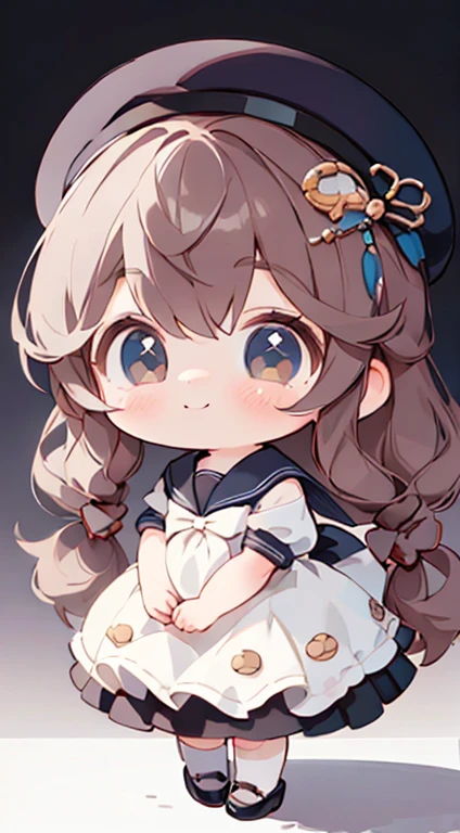 1 girl, Chibi T-shirt, Brown hair, Luxury Fabric,,deep, Looking at the audience, White Background、pretty girl、Cute expression、Luxury Dresses、Best image quality、masterpiece、Hair、hat、Cute Girls、smile、high resolution、Ultra delicate、Cute eyes、beret、Sailor collar dress、Straight long hair