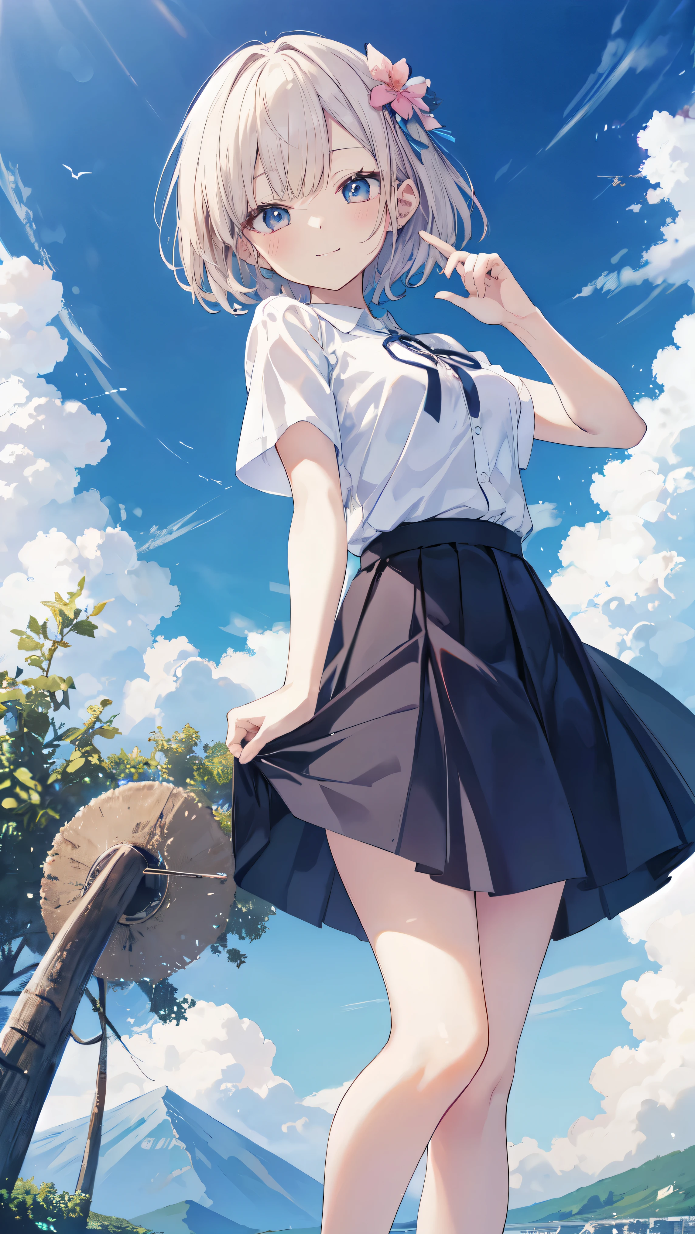 highest quality、Masterpiece、Ultra-high resolution、8k、Summer sky、early summer、((Short sleeve、Short skirt))、1 person、Soft line art、Soft drawing、Beautiful Hair、、Clear Eyes、((Teasing Smile))、Ultra-detailed digital anime art、Clear face depiction、The gaze is directed towards us、Super detailed shoujo manga character art、Ultra-detailed manga style、highest quality色、Hand gestures、Angle that allows you to see all the way to your feet、Landscape with nature