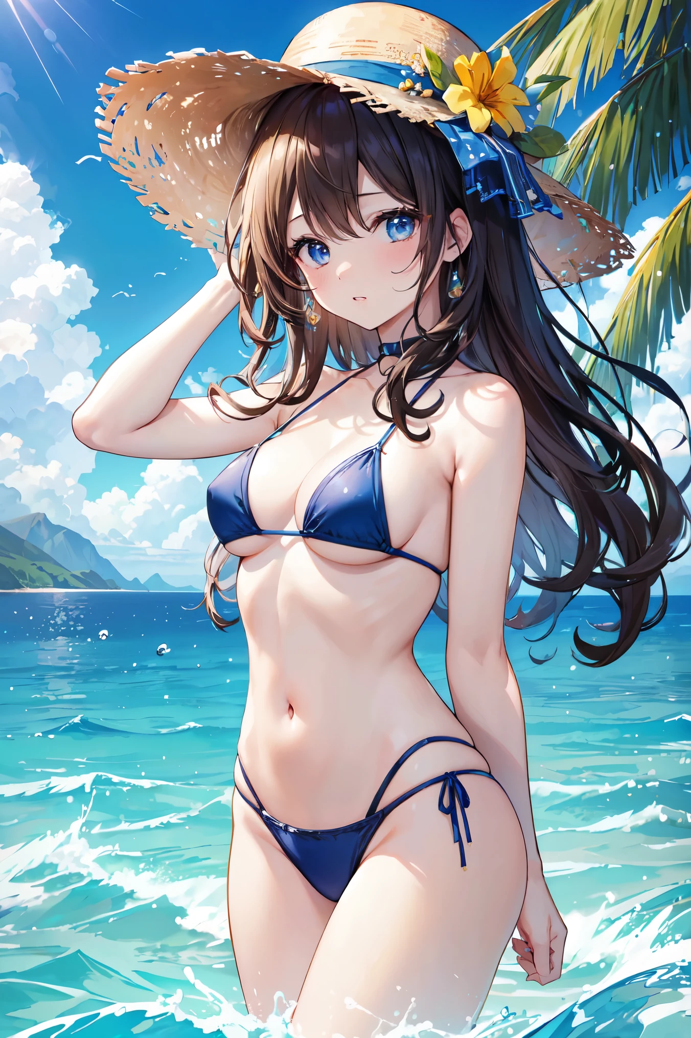 Bikini with less fabric area、Midsummer Sea、cumulonimbus、Dazzling Sun、Wave Splash、Use one hand to push your swimsuit aside to reveal your breasts、Provocative smile、Twin tails、Small breasts、 Girl、Masterpiece、Highest quality、Highest quality、