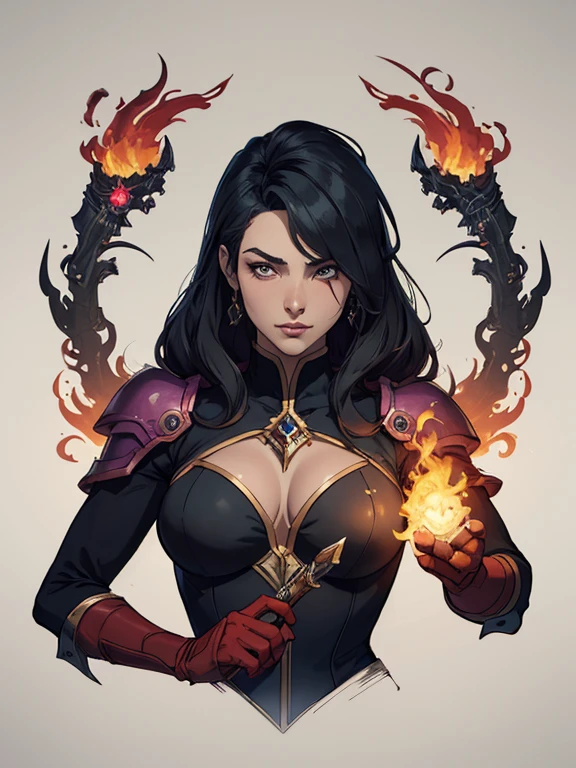 a close-up of a woman holding a fire torch in her hand, female mago, epic mago girl character, portrait of a female mago, Astri Lohne, female mago!, sorceress, Jaina Orgulhosa, fire mago, portrait of a mago, mago, arte inicial do personagem, donzela de Cristal, iconic arte inicial do personagem, portrait of a sorceressButtercup from Powerpuff Girls as a mature and violent themed action anime, danos e desgaste sangrentos da batalha, revelando roupas danificadas e rasgadas, curved, roupa verde e preta