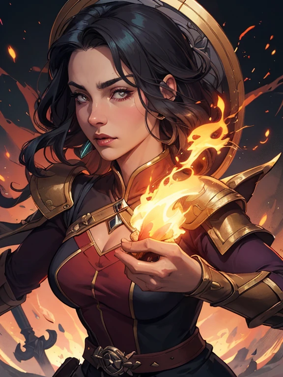a close-up of a woman holding a fire torch in her hand, female mago, epic mago girl character, portrait of a female mago, Astri Lohne, female mago!, sorceress, Jaina Orgulhosa, fire mago, portrait of a mago, mago, arte inicial do personagem, donzela de Cristal, iconic arte inicial do personagem, portrait of a sorceressButtercup from Powerpuff Girls as a mature and violent themed action anime, danos e desgaste sangrentos da batalha, revelando roupas danificadas e rasgadas, curved, roupa verde e preta