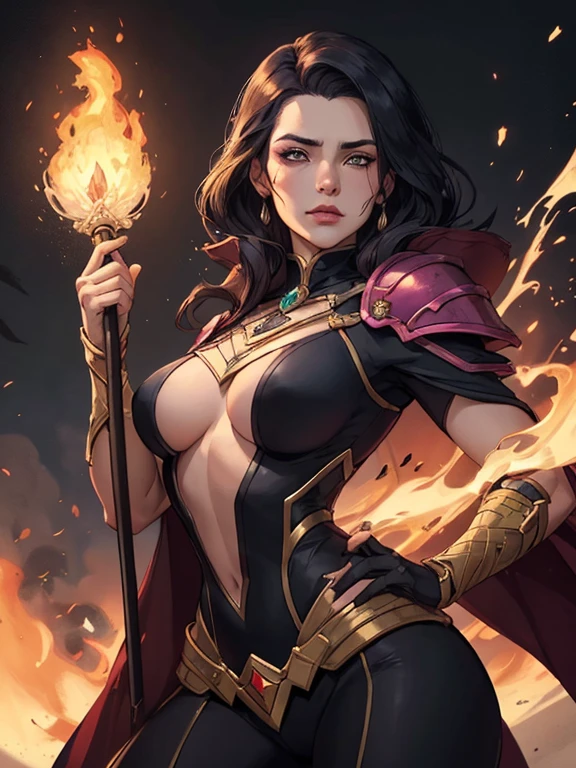 a close-up of a woman holding a fire torch in her hand, female mago, epic mago girl character, portrait of a female mago, Astri Lohne, female mago!, sorceress, Jaina Orgulhosa, fire mago, portrait of a mago, mago, arte inicial do personagem, donzela de Cristal, iconic arte inicial do personagem, portrait of a sorceressButtercup from Powerpuff Girls as a mature and violent themed action anime, danos e desgaste sangrentos da batalha, revelando roupas danificadas e rasgadas, curved, roupa verde e preta