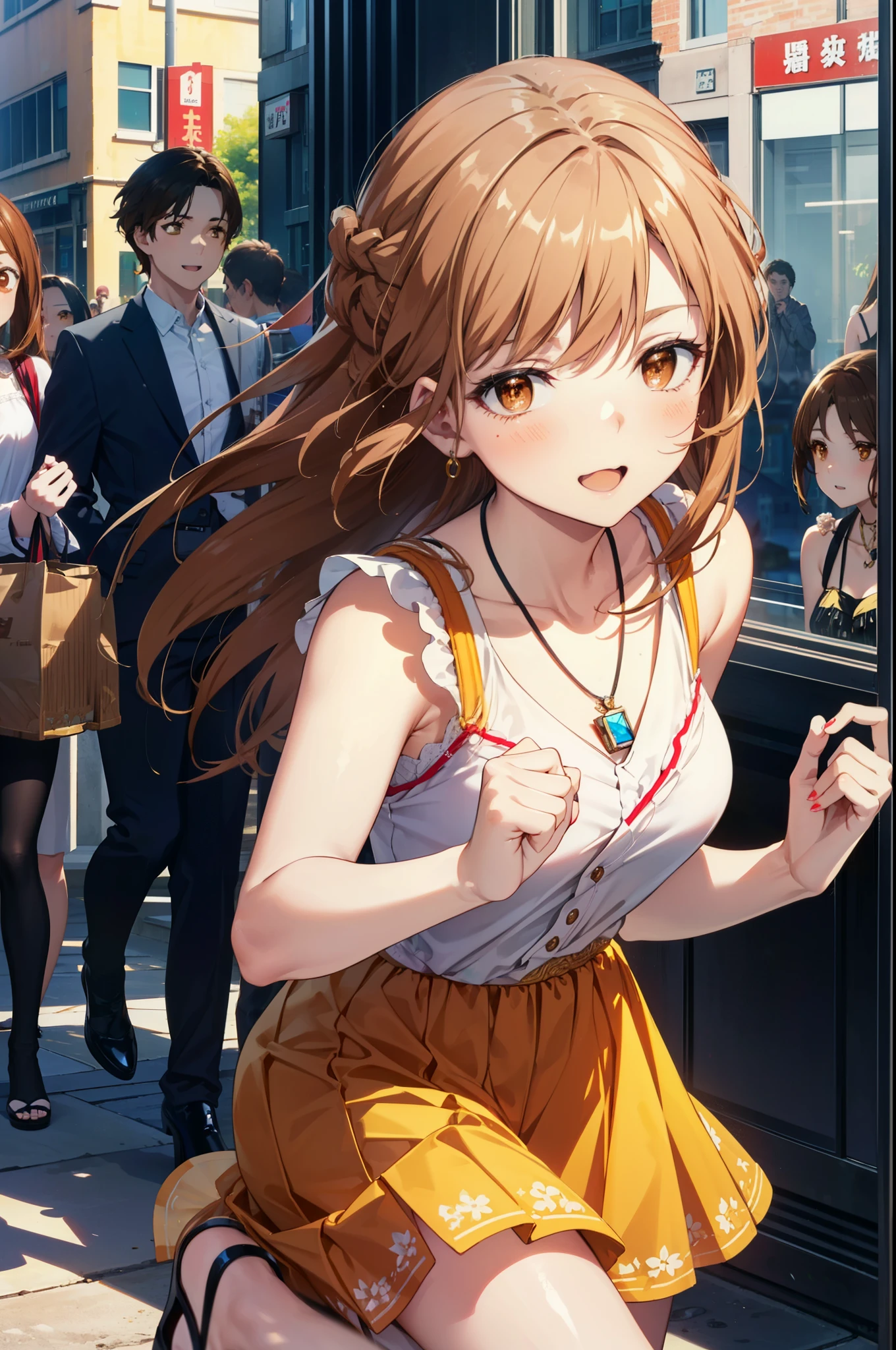 a sun ayuuki, a sun a yuuki, Long Hair, Brown Hair, (Brown eyes:1.8),happy smile, smile, Open your mouth,Locket Necklace,Red sleeveless dress,Red long skirt,Cute heeled sandals,True Summer,Daytime,Clear skies,whole bodyがイラストに入るように,
break outdoors, In town,Building district,crowd, people々々,
break looking at viewer, whole body,
break (masterpiece:1.2), highest quality, High resolution, unity 8k wallpaper, (figure:0.8), (Beautiful fine details:1.6), Highly detailed face, Perfect lighting, Highly detailed CG, (Perfect hands, Perfect Anatomy),