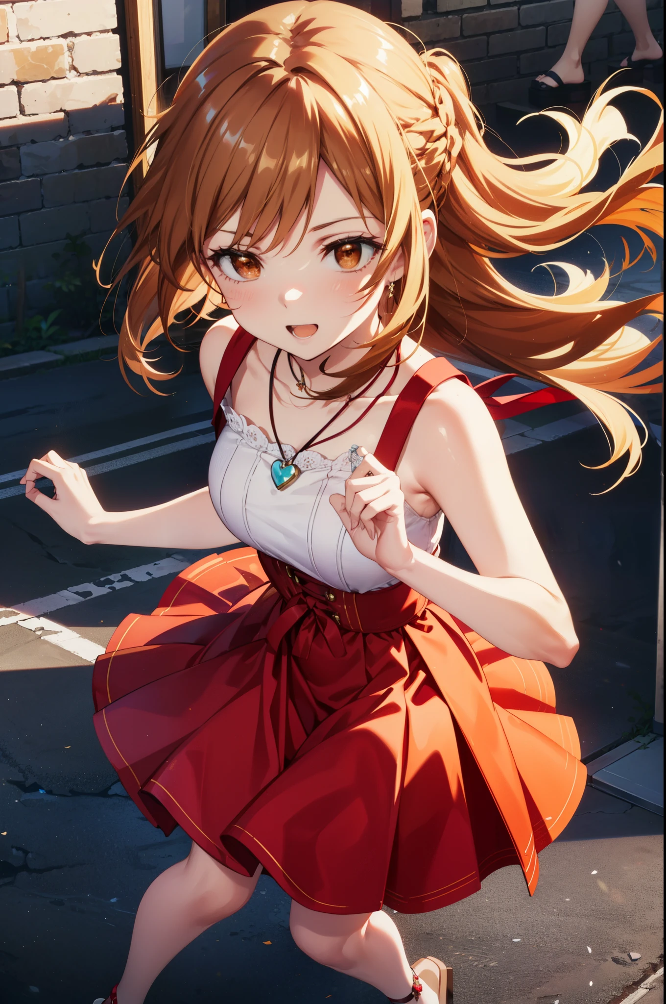 a sun ayuuki, a sun a yuuki, Long Hair, Brown Hair, (Brown eyes:1.8),happy smile, smile, Open your mouth,Locket Necklace,Red sleeveless dress,Red long skirt,Cute heeled sandals,True Summer,Daytime,Clear skies,whole bodyがイラストに入るように,
break outdoors, In town,Building district,crowd, people々々,
break looking at viewer, whole body,
break (masterpiece:1.2), highest quality, High resolution, unity 8k wallpaper, (figure:0.8), (Beautiful fine details:1.6), Highly detailed face, Perfect lighting, Highly detailed CG, (Perfect hands, Perfect Anatomy),