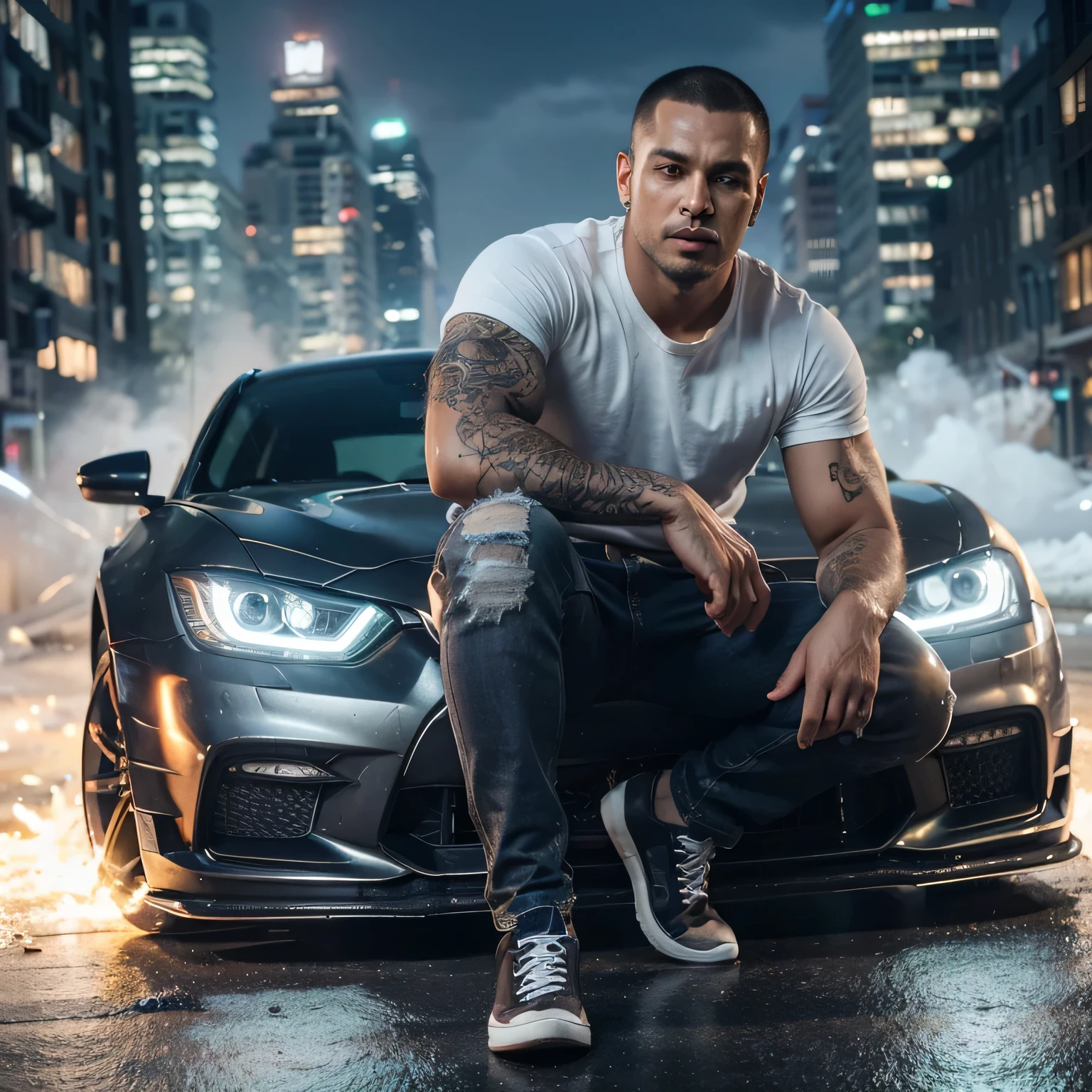 Seorag pria badan tinggi,berotot,bertato ditangan,mata kebiruan, pakai baju kaos putih,pakai celana jeans robek robek, pakai sepatu sedang duduk di atas depan mobil fast furioos asapnya menyala. Latar belakang banyak gedung,suasana malam hari. Sangat realistis, sangat detail, ultra HD, full HDR, hyper realistis. 