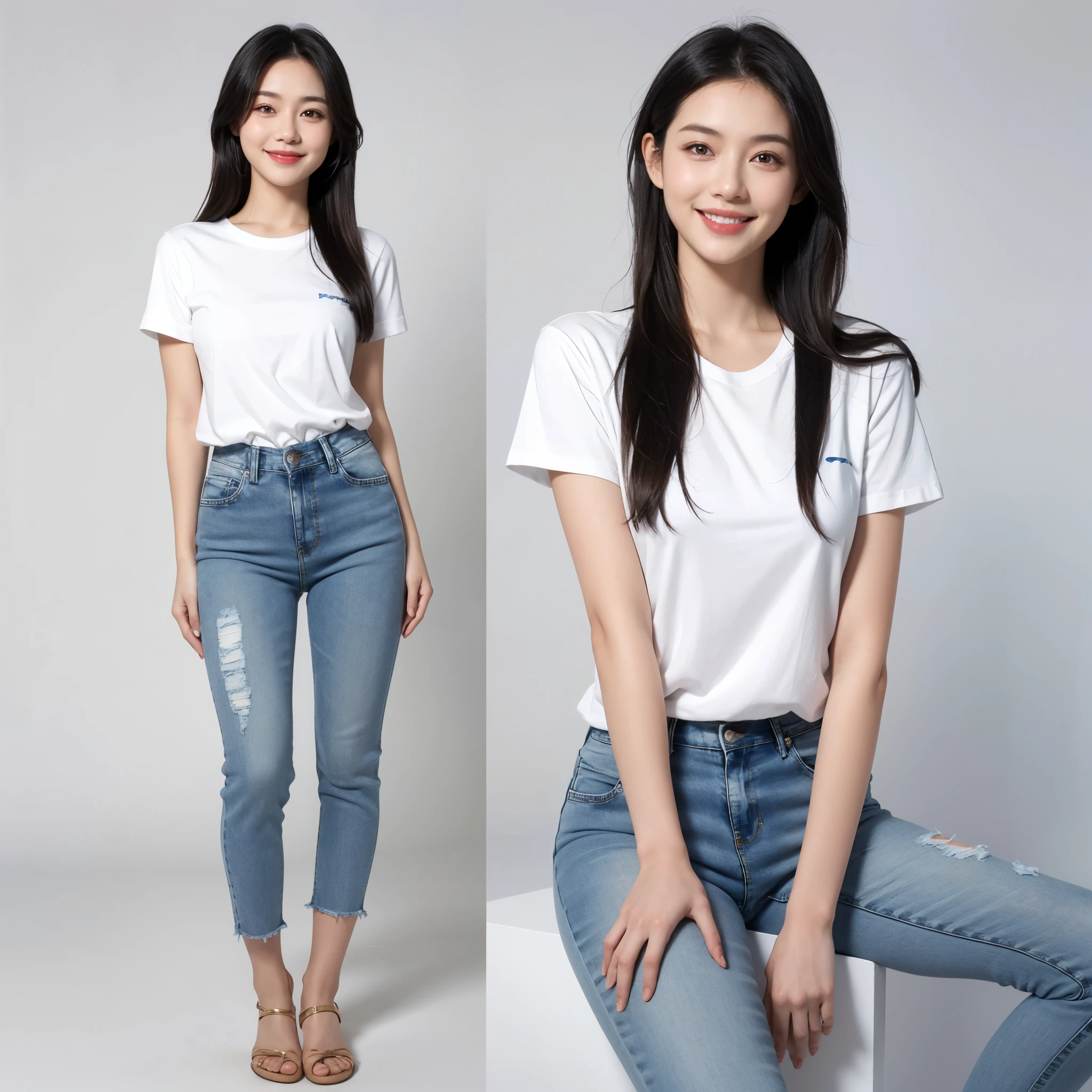 best quality, quality, masterpiece, photorealistic, 1girl,solo, White short sleeve,long blue jeans pants, long black hair,looking at viewer, smile, full body, white simple background