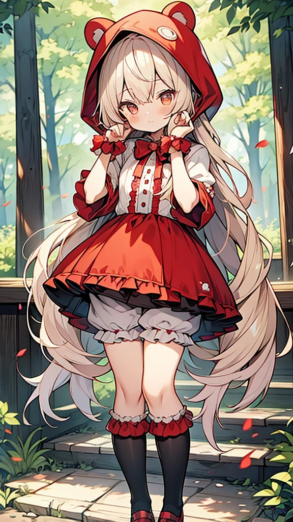 kyoto anime style,bear ears,little red riding hood,
long hair,kawaii shota,
frilly red hot pants,forest road,red cheek,