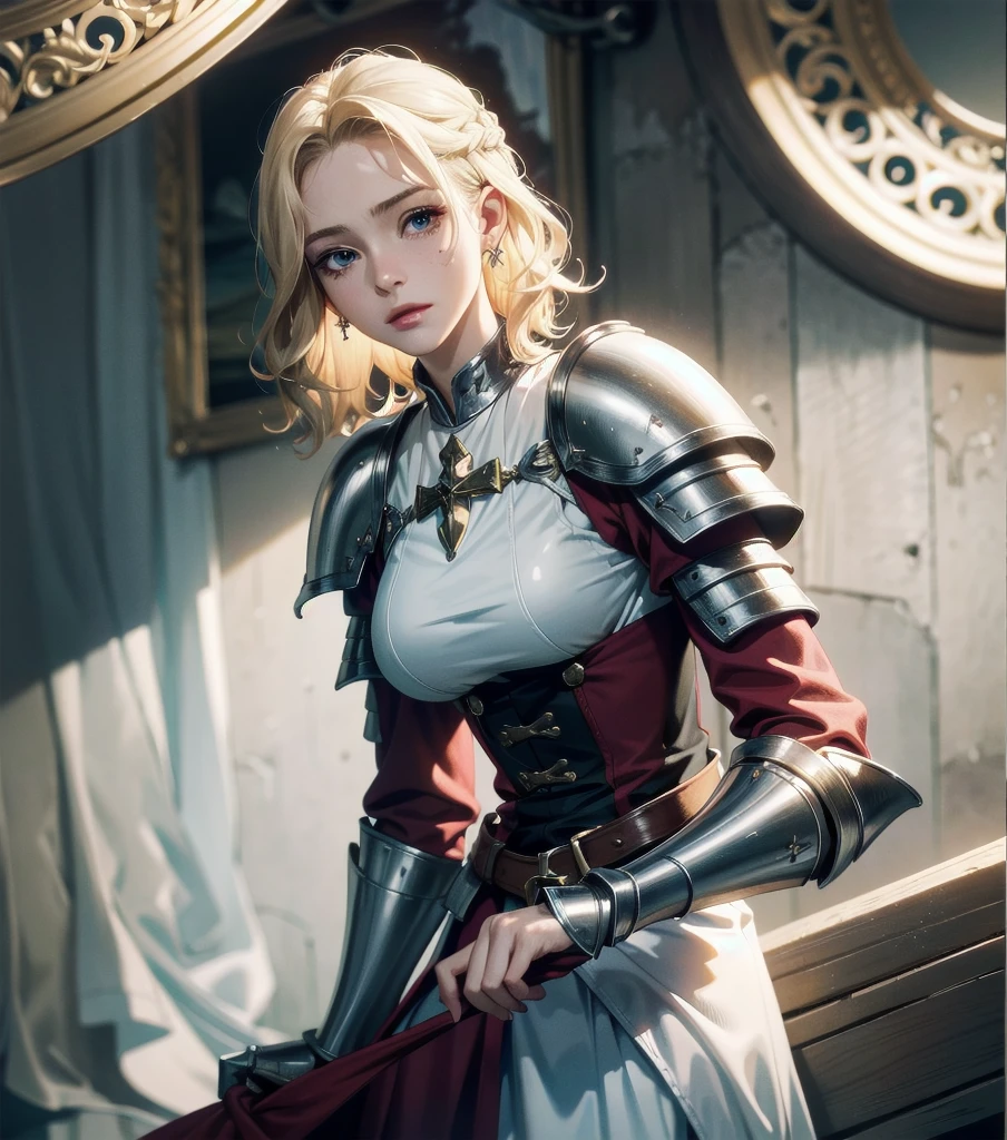 absurdres, RAW photo, extremely delicate and beautiful, masterpiece, Best Quality, ultra high resolution, 32k, hyperrealistic, ultra-detailed, 20 years old, detailed beautiful face, tearful mole, earring, very huge round breasts, short medium hair, wavy hair, wet clothes, full body shot, alone, blonde hair, gauntlets, Joan of Arc, (surcoat, cross armor),