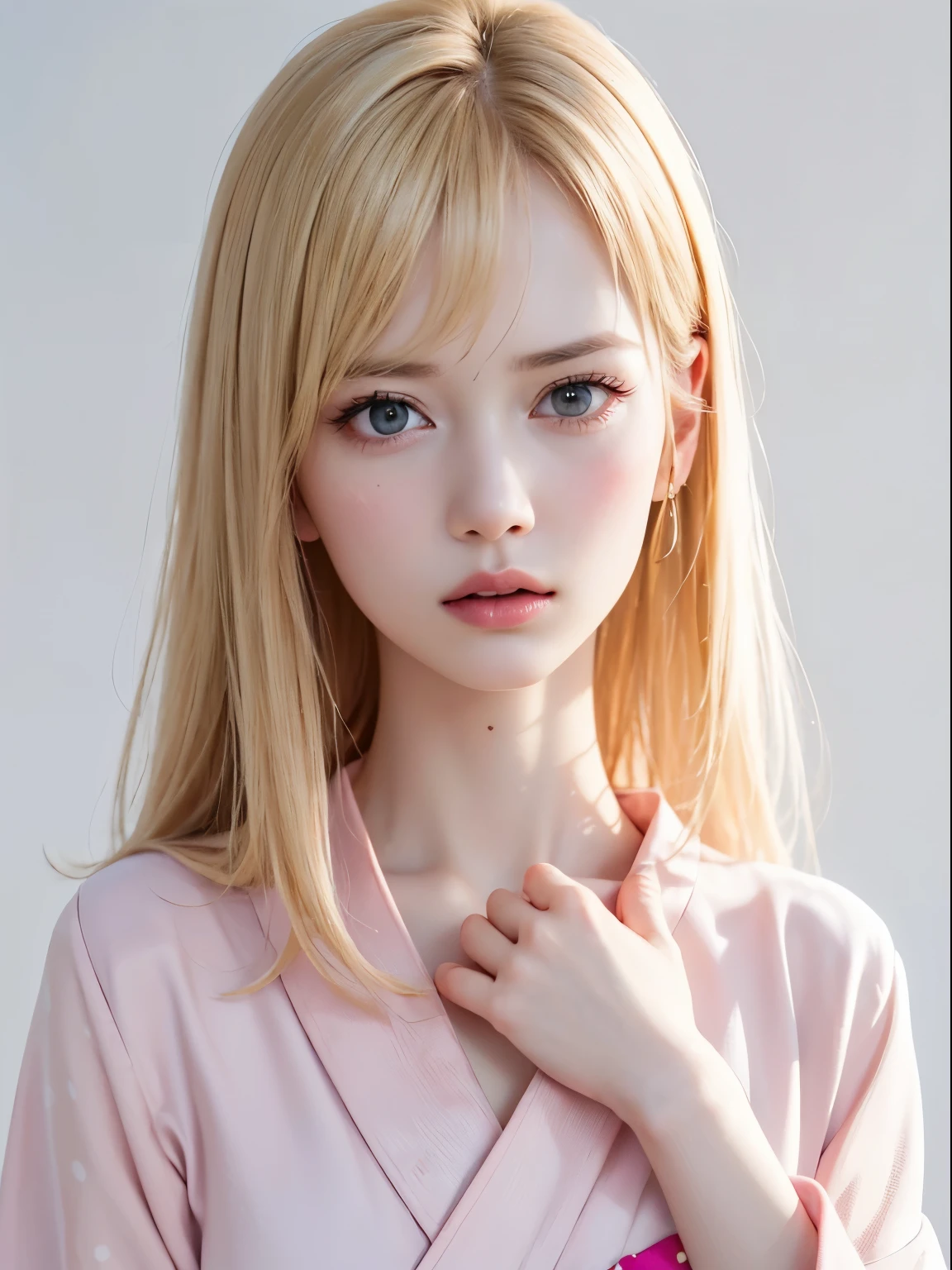 (highest quality、8k、32k、masterpiece)、(RAW Photos)、(Realisticな)、(High resolution)、Very detailedな、Very beautiful face and eyes、One Girl、Round and small face、Delicate body、(close、highest quality、Rich skin detail、highest quality、8k)、Very detailed、(Realistic、Realistic:1.37)、Vibrant colors、(((Golden Hair)))、(((I touch my chest with my right hand)))、(((looks angry)))、(((Bust Shot)))、(((White Background)))、((Medium Hair))、(((Pure white wall background)))、(((Blonde)))、(((She is wearing a polka dot yukata.)))、(((Pink and white yukata)))、(((Pure white wall background)))、