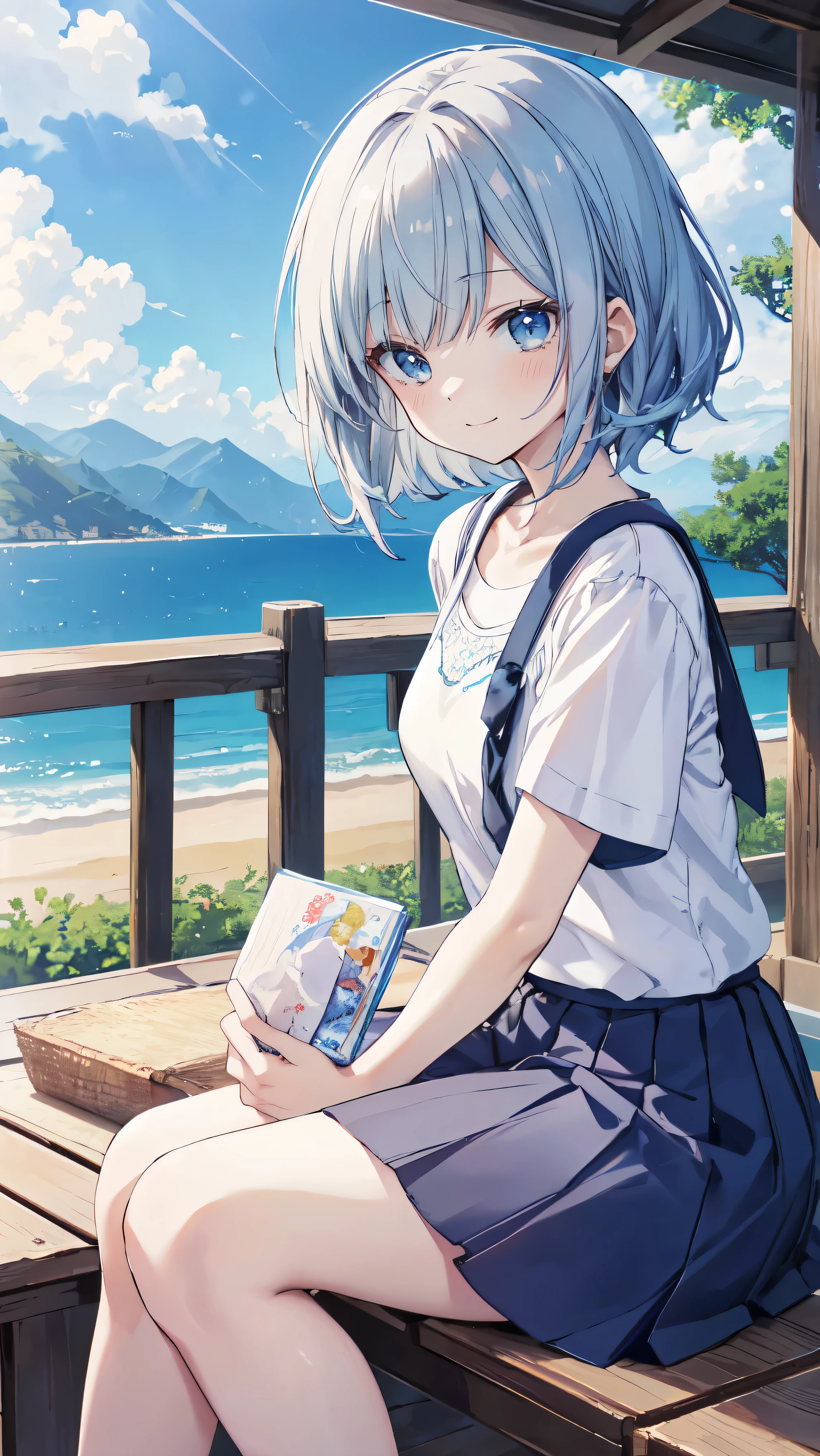 highest quality、Masterpiece、Ultra-high resolution、8k、Summer sky、early summer、((Short sleeve、Short skirt))、1 person、Soft line art、Soft drawing、Beautiful Hair、、Clear Eyes、((Teasing Smile))、Ultra-detailed digital anime art、Clear face depiction、The gaze is directed towards us、Super detailed shoujo manga character art、Ultra-detailed manga style、highest quality色、Hand gestures、Angle that allows you to see all the way to your feet、Landscape with nature