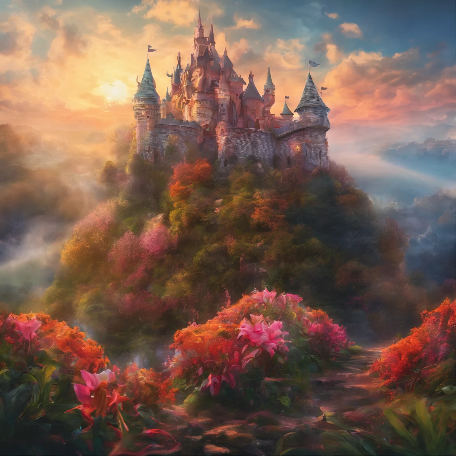 Fantasy castle in the clouds,Flowers,Super Fine,Hyperrealism,Ultra-realistic,Depth of Field,OC Renderer,Movie Lighting,very good,Ultra Detailed,complicated,Low angle view,CG art