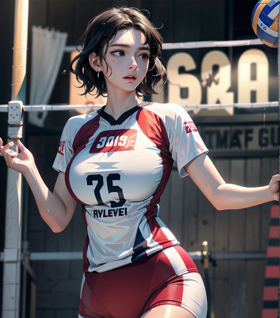 1girl, solo, white polo shirt, white sneakers, basket wear, white bra, masterpiece, best quality, realistic, hyper-detailed, (shiny skin, sweaty:1.4), absurd, looking at viewer, short red hair, red eyes, slender, dynamic lighting, high resolution, sharp focus, depth of field, detailed eyes, sharp pupils, realistic pupils, (small breasts:1.6), (thick thighs:1.0), outdoor, sky