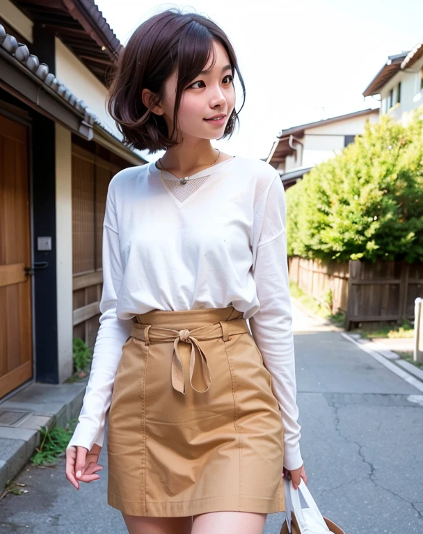 highest quality, Soft Light, (Depth of written boundary) ,Ultra-high resolution, RAW Photos ,(From the side) 1 Japanese girl, alone, cute, (shy, smile:1.1), (Brown eyes), Beautiful face in every detail, (short_hair), Walking down the street