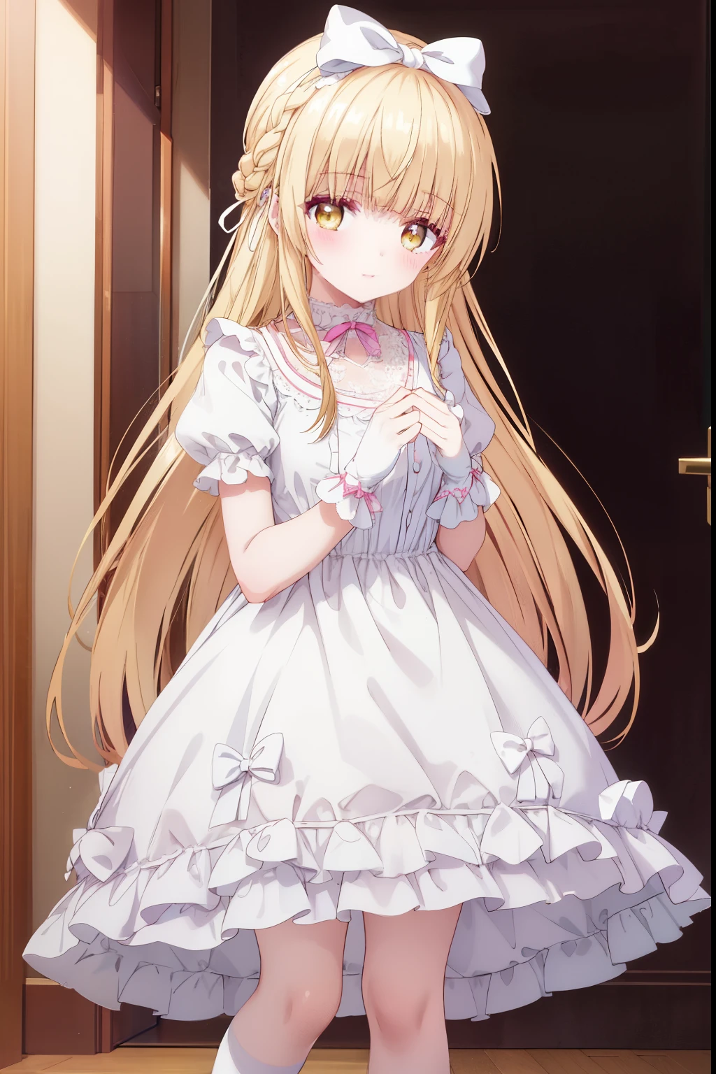 Mahiru shiina, , blonde, (Yellow Eyes:1.3)、Braided long hair,,blush,smile,Beautiful views, Attractive thighs、Beautiful bare legs, //Character
1girl,
BREAK
//Fashions 
Sweet Lolita,
Embrace the sweetness and innocence of the Lolita doll with a pastel-colored ensemble adorned with frills and bows, Start with a knee-length, full-skirted dress featuring a delicate floral print or lace overlay in soft hues like pink, lavender, or baby blue, 
BREAK
Layer with a ruffled petticoat underneath for added volume and bounce, Pair the dress with knee-high socks or lace tights and Mary Jane shoes with bow accents, Accessorize with a matching bow headband, lace gloves for a whimsical touch,
BREAK、I can see your Pantastar piece.:1.2), highest quality, High resolution, unity 8k wallpaper, (shape:0.8), (Beautiful and beautiful eyes:1.6), Highly detailed face, Perfect lighting, Highly detailed CG, (Perfect hands, Perfect ???????),
