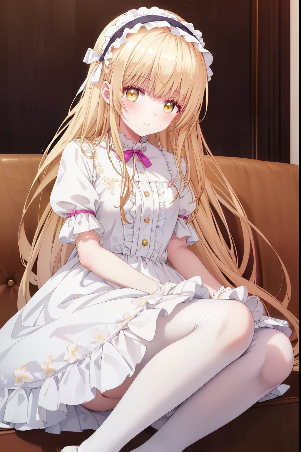 Mahiru shiina, , blonde, (Yellow Eyes:1.3)、Braided long hair,,blush,smile,Beautiful views, Attractive thighs、Beautiful bare legs, //Character
1girl,
BREAK
//Fashions 
Sweet Lolita,
Embrace the sweetness and innocence of the Lolita doll with a pastel-colored ensemble adorned with frills and bows, Start with a knee-length, full-skirted dress featuring a delicate floral print or lace overlay in soft hues like pink, lavender, or baby blue, 
BREAK
Layer with a ruffled petticoat underneath for added volume and bounce, Pair the dress with knee-high socks or lace tights and Mary Jane shoes with bow accents, Accessorize with a matching bow headband, lace gloves for a whimsical touch,
BREAK、I can see your Pantastar piece.:1.2), highest quality, High resolution, unity 8k wallpaper, (shape:0.8), (Beautiful and beautiful eyes:1.6), Highly detailed face, Perfect lighting, Highly detailed CG, (Perfect hands, Perfect Anatomy),