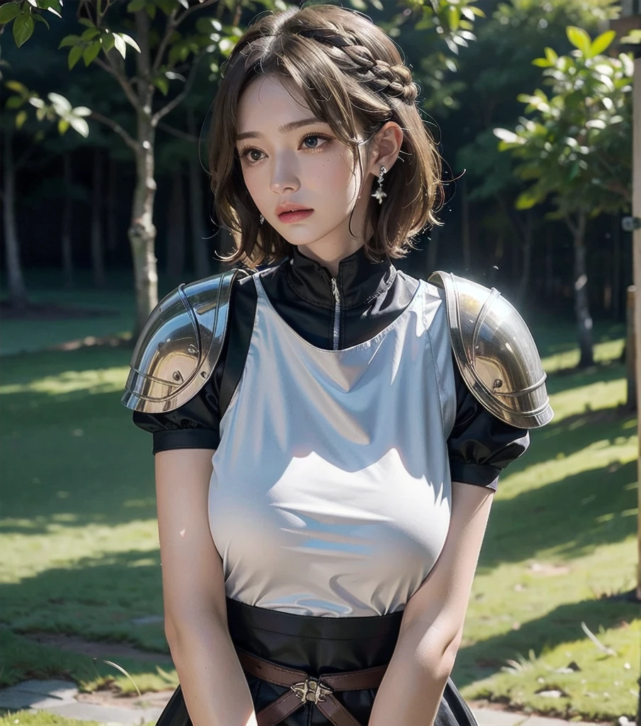 absurdres, RAW photo, extremely delicate and beautiful, masterpiece, Best Quality, ultra high resolution, 32k, hyperrealistic, ultra-detailed, 20 years old, detailed beautiful face, tearful mole, earring, very huge round breasts, short medium hair, wavy hair, wet clothes, full body shot, alone, blonde hair, gauntlets, Joan of Arc, (surcoat, cross armor),