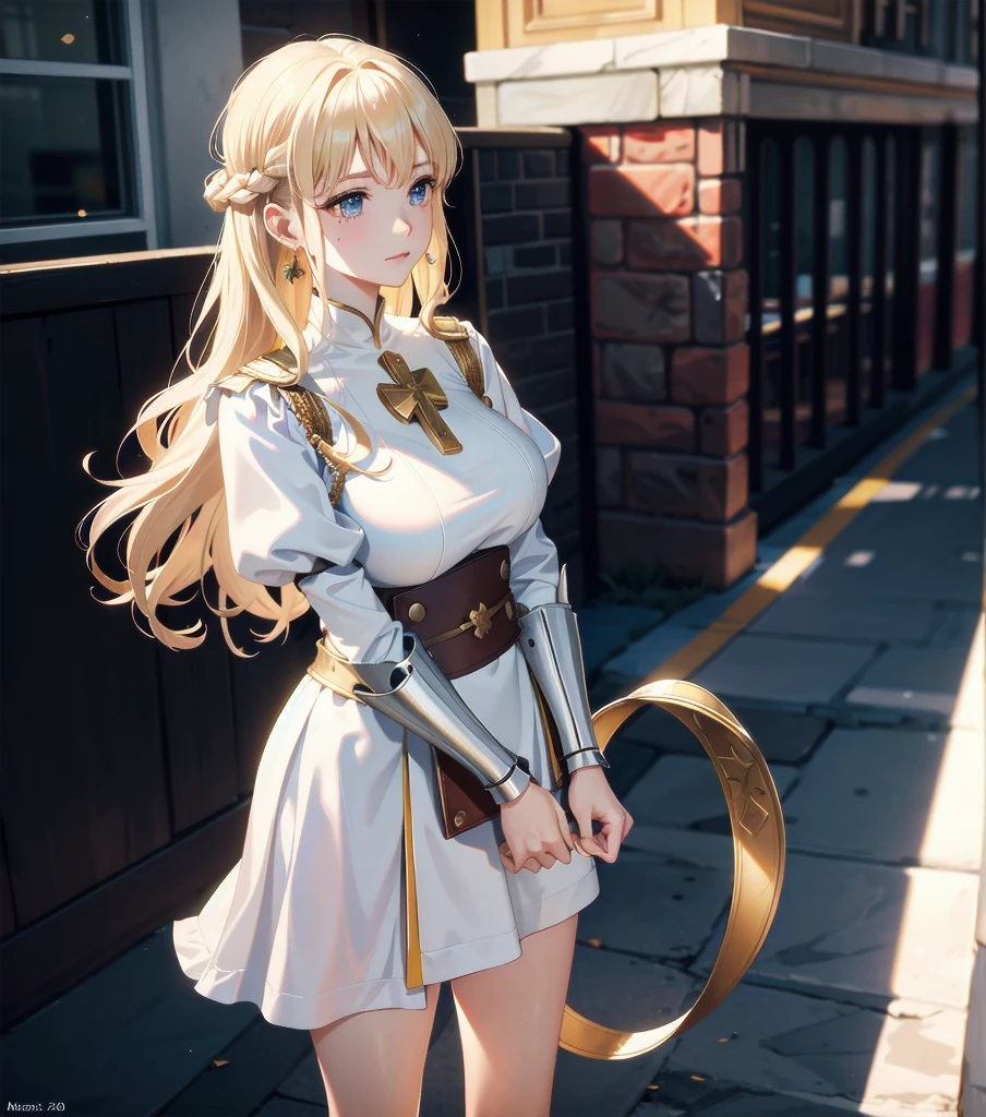 absurdres, RAW photo, extremely delicate and beautiful, masterpiece, Best Quality, ultra high resolution, 32k, hyperrealistic, ultra-detailed, 20 years old, detailed beautiful face, tearful mole, earring, very huge round breasts, short medium hair, wavy hair, wet clothes, full body shot, alone, blonde hair, gauntlets, Joan of Arc, (surcoat, cross armor),