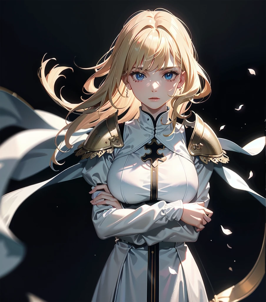 absurdres, RAW photo, extremely delicate and beautiful, masterpiece, Best Quality, ultra high resolution, 32k, hyperrealistic, ultra-detailed, 20 years old, detailed beautiful face, tearful mole, earring, very huge round breasts, short medium hair, wavy hair, wet clothes, full body shot, alone, blonde hair, gauntlets, Joan of Arc, (surcoat, cross armor),