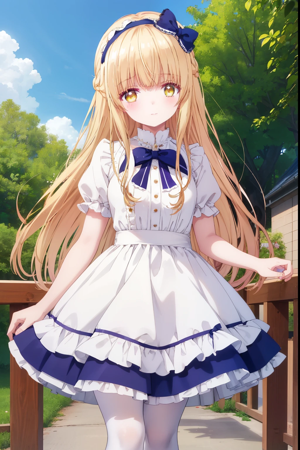 Mahiru shiina, , blonde, (Yellow Eyes:1.3)、Braided long hair,,blush,smile,Beautiful views, Attractive thighs、Beautiful bare legs, //Character
1girl,
BREAK
//Fashions 
Sweet Lolita,
Embrace the sweetness and innocence of the Lolita doll with a pastel-colored ensemble adorned with frills and bows, Start with a knee-length, full-skirted dress featuring a delicate floral print or lace overlay in soft hues like pink, lavender, or baby blue, 
BREAK
Layer with a ruffled petticoat underneath for added volume and bounce, Pair the dress with knee-high socks or lace tights and Mary Jane shoes with bow accents, Accessorize with a matching bow headband, lace gloves for a whimsical touch,
BREAK、I can see your Pantastar piece.:1.2), highest quality, High resolution, unity 8k wallpaper, (shape:0.8), (Beautiful and beautiful eyes:1.6), Highly detailed face, Perfect lighting, Highly detailed CG, (Perfect hands, Perfect Anatomy),