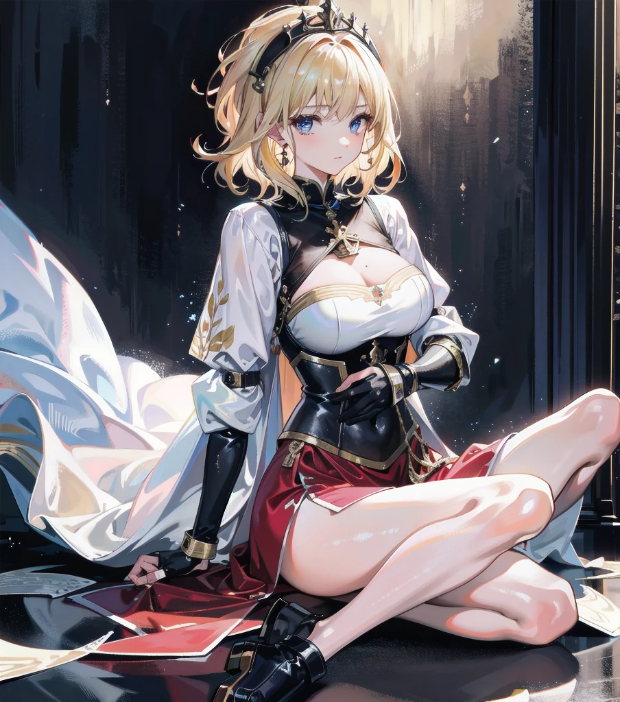 absurdres, RAW photo, extremely delicate and beautiful, masterpiece, Best Quality, ultra high resolution, 32k, hyperrealistic, ultra-detailed, 20 years old, detailed beautiful face, tearful mole, earring, very huge round breasts, short medium hair, wavy hair, wet clothes, full body shot, alone, blonde hair, gauntlets, Joan of Arc, (surcoat, cross armor),