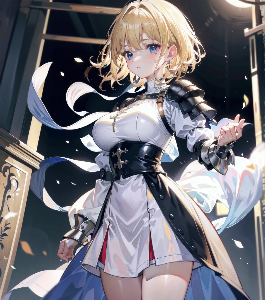 A blonde girl holds a short stick.