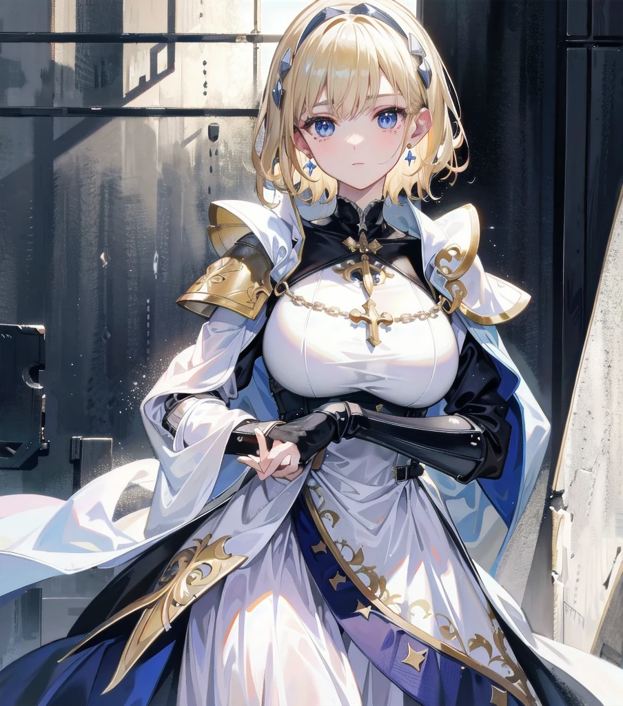 absurdres, RAW photo, extremely delicate and beautiful, masterpiece, Best Quality, ultra high resolution, 32k, hyperrealistic, ultra-detailed, 20 years old, detailed beautiful face, tearful mole, earring, very huge round breasts, short medium hair, wavy hair, wet clothes, full body shot, alone, blonde hair, gauntlets, Joan of Arc, (surcoat, cross armor),