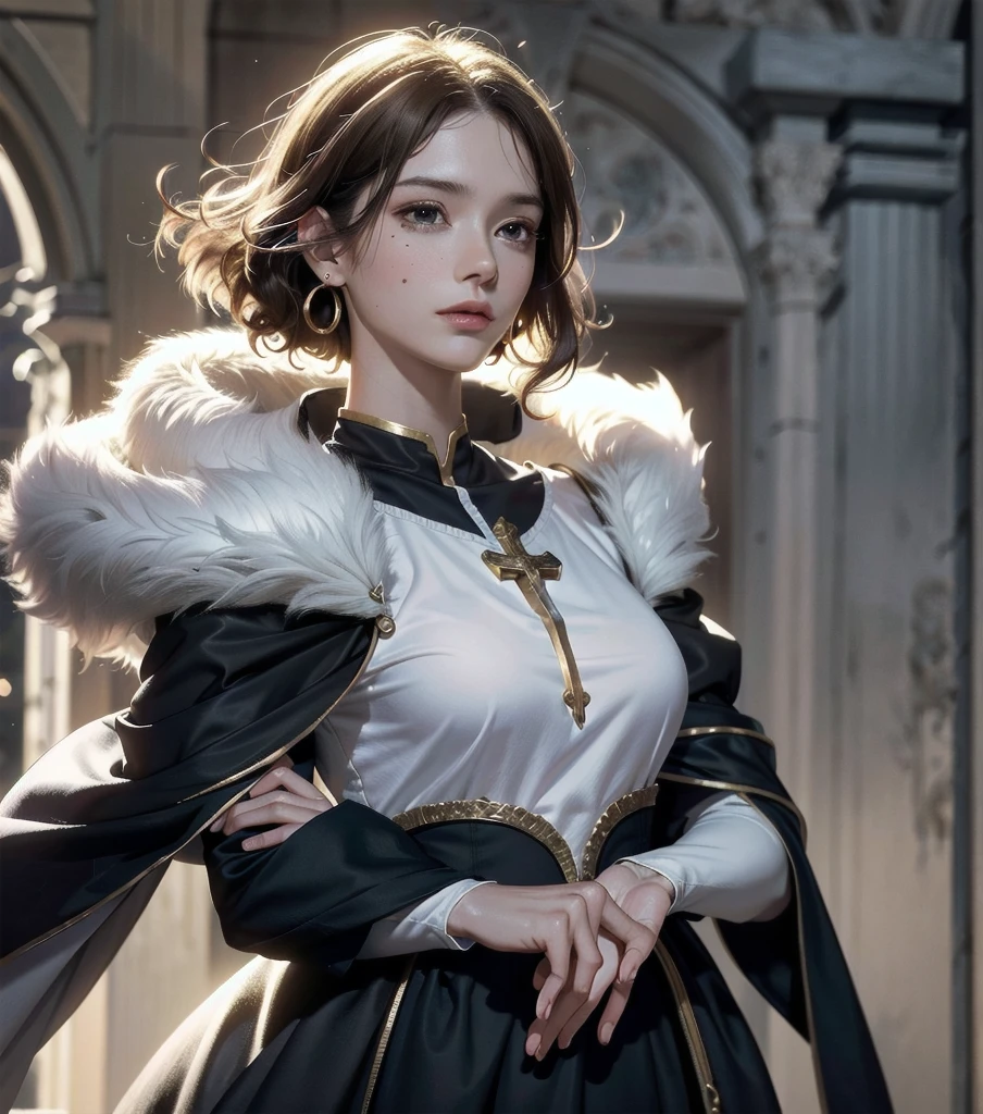 absurdres, RAW photo, extremely delicate and beautiful, masterpiece, Best Quality, ultra high resolution, 32k, hyperrealistic, ultra-detailed, 20 years old, detailed beautiful face, tearful mole, earring, very huge round breasts, short medium hair, wavy hair, wet clothes, full body shot, alone, blonde hair, gauntlets, Joan of Arc, (surcoat, cross armor),