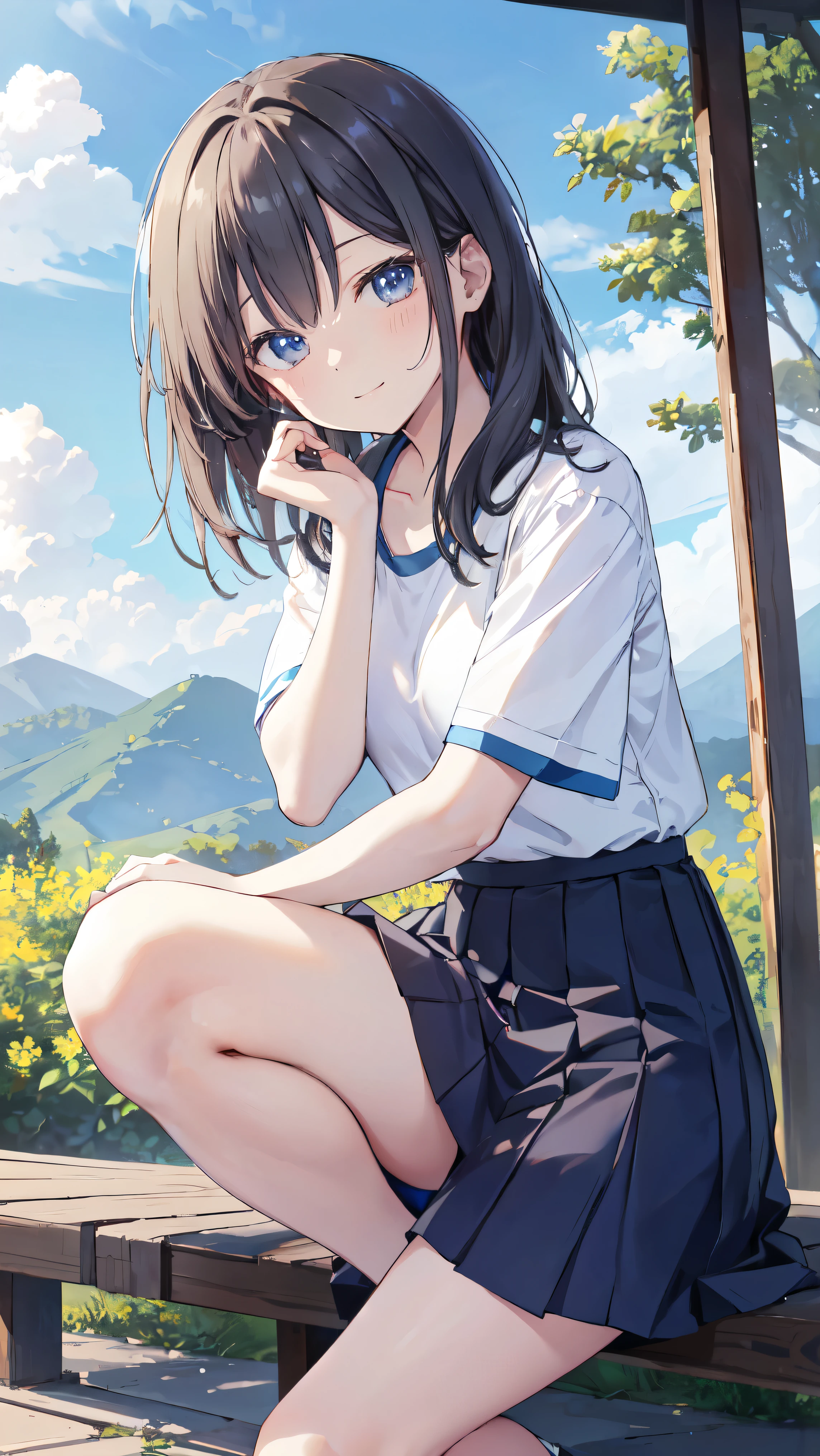 highest quality、Masterpiece、Ultra-high resolution、8k、Summer sky、early summer、((Short sleeve、Short skirt))、1 person、Soft line art、Soft drawing、Beautiful Hair、((Lori))、Clear Eyes、((Teasing Smile))、Ultra-detailed facial depiction、The gaze is directed towards us、highest quality色、Hand gestures、Angle that allows you to see all the way to your feet、Landscape with nature