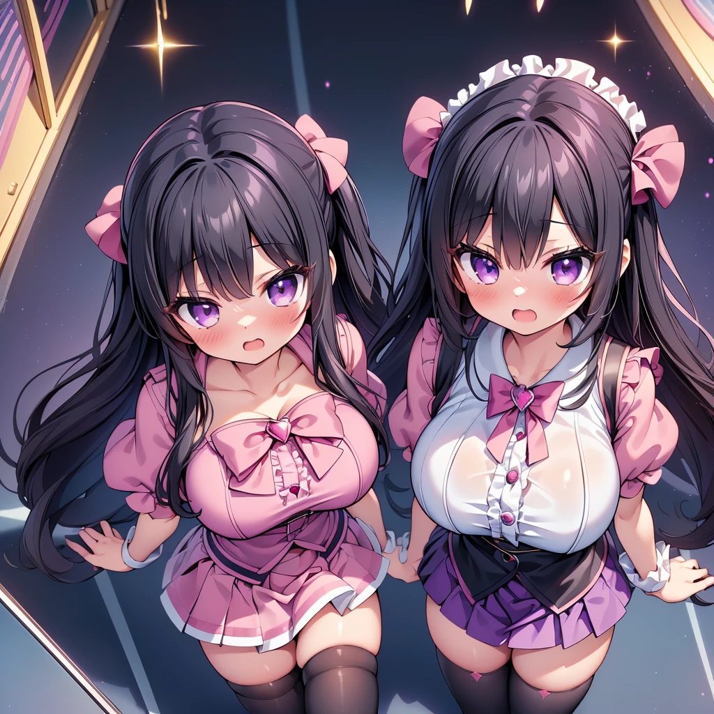 (8K、Best image quality、highest quality、masterpiece)、Detailed face、(2 girls, Black Hair, Purple Eyes, long hair)、Improve、 (magical pink girl outfit,frill mini skirt:1.2), (glamorous:1.2), (huge breasts:1.4), (open mouth), (embarrassed), Classroom Background, (black stockings:1.2), (Thighs:1.2), (Waistline), (from above:2)